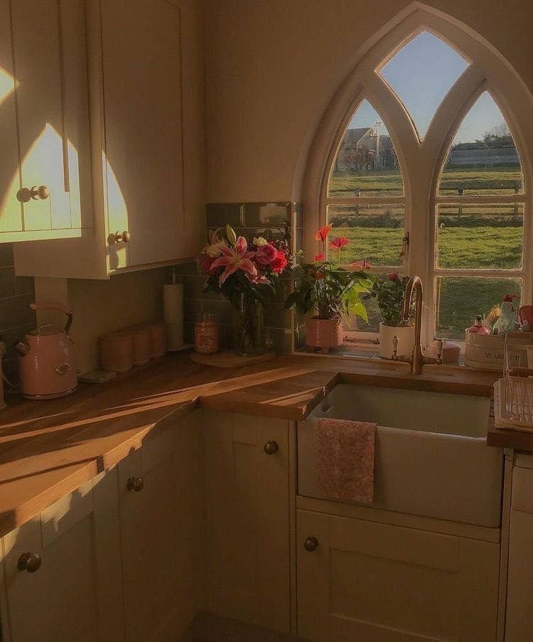 gothic arched window, rustic kitchen, wooden counters, SD Phone Wallpaper