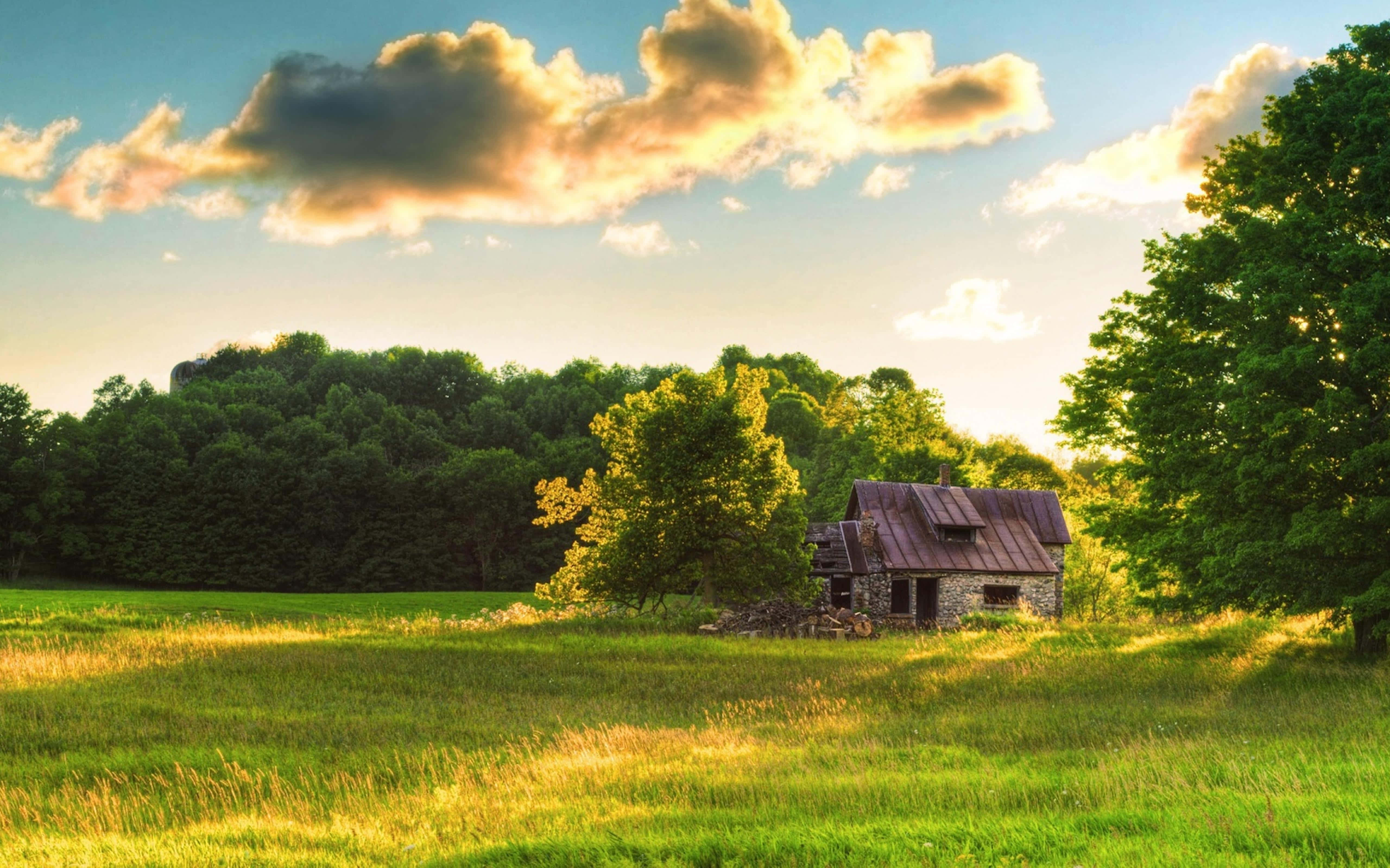 rustic stone cabin, rusted roof, sunlit green field, 5K Desktop Wallpaper