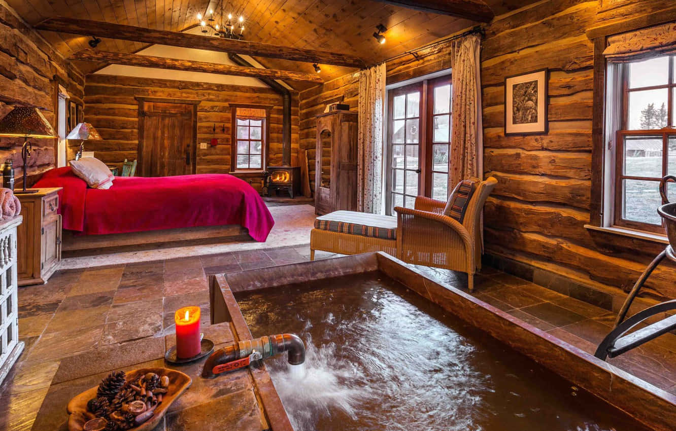 rustic log cabin, wooden hot tub, red bed, HD Desktop Wallpaper