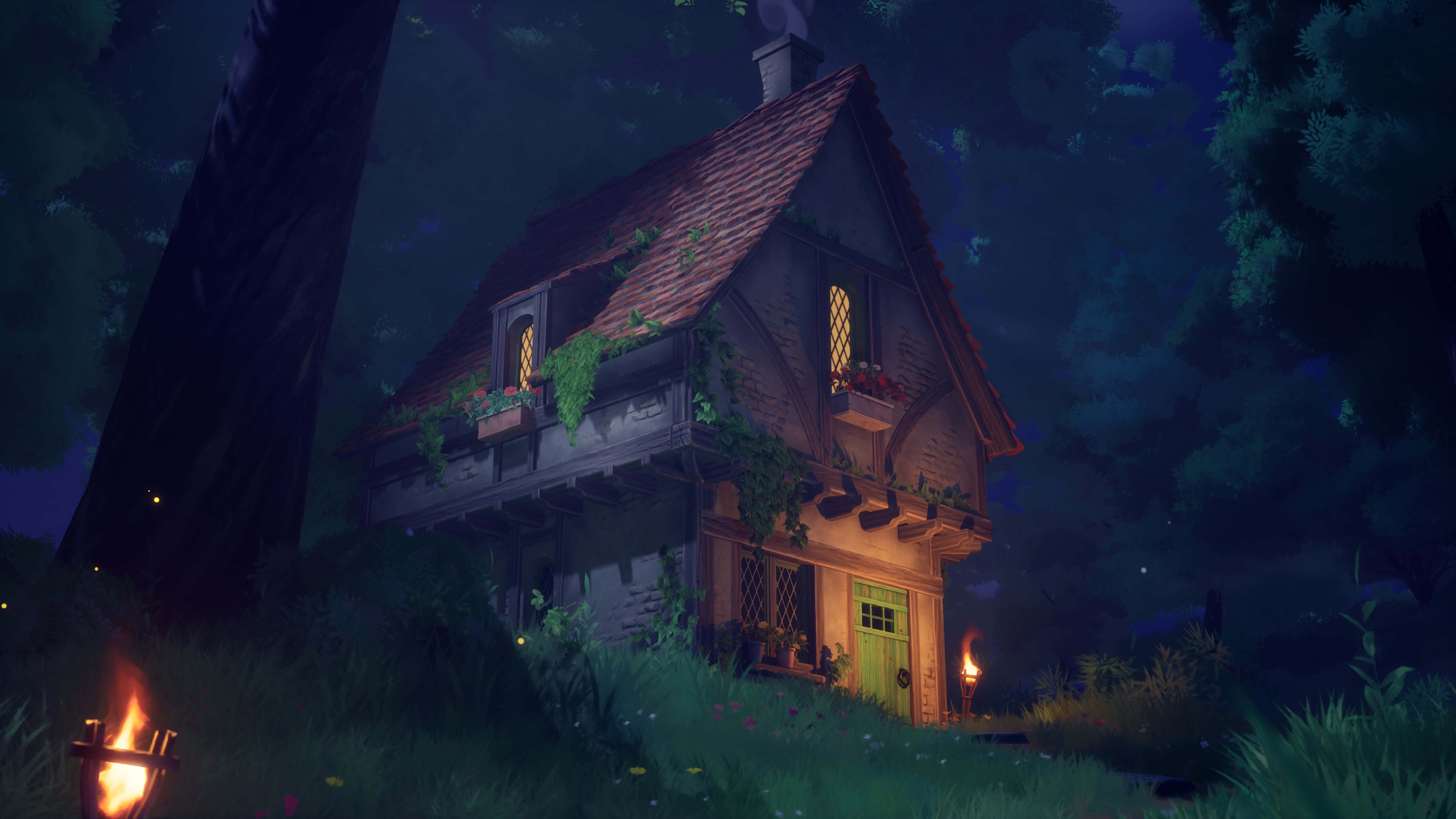 enchanted forest, cottage, night, 5K Desktop Wallpaper