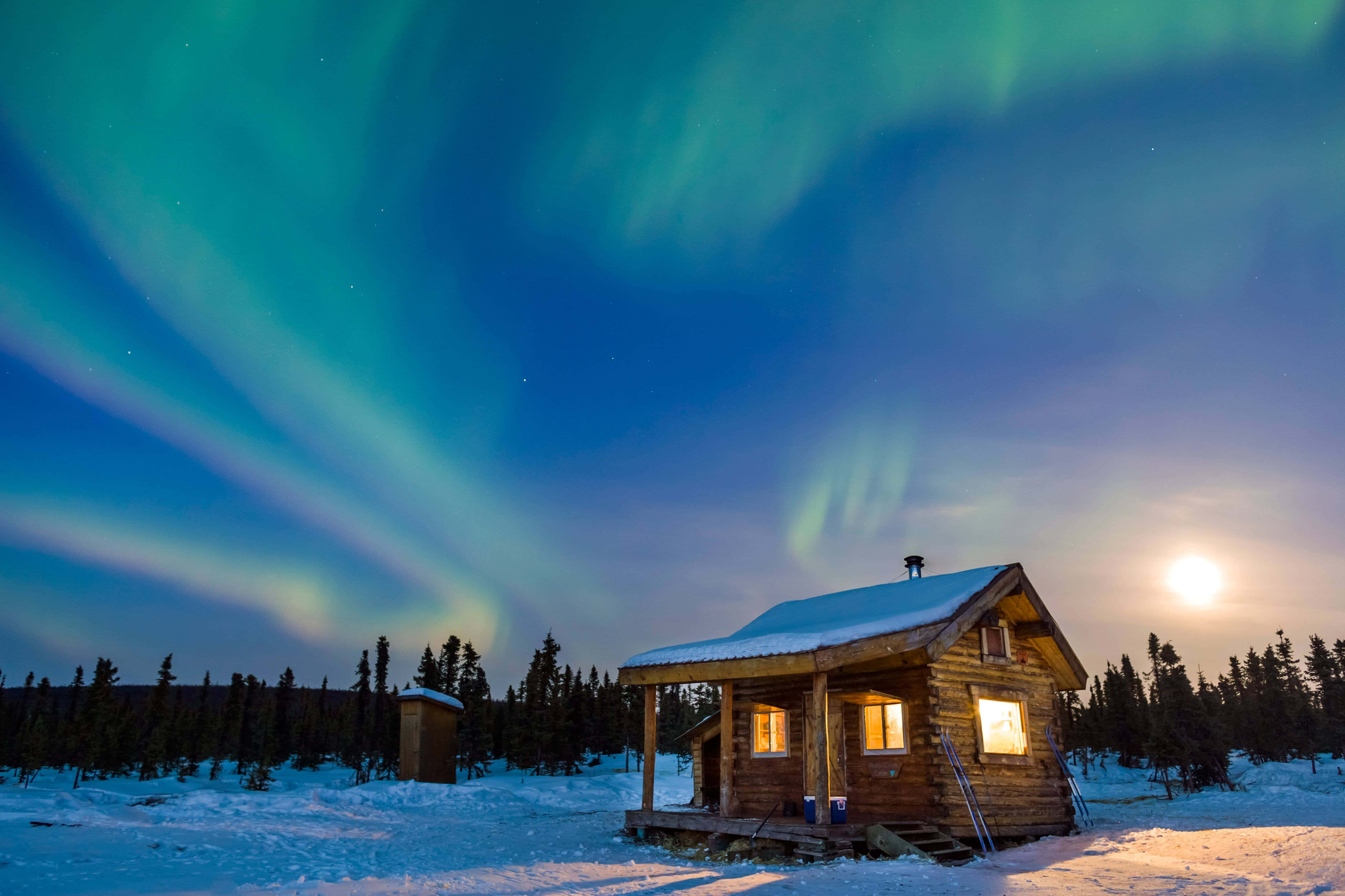 aurora borealis, wooden cottage, snowy landscape, 4K Desktop Wallpaper