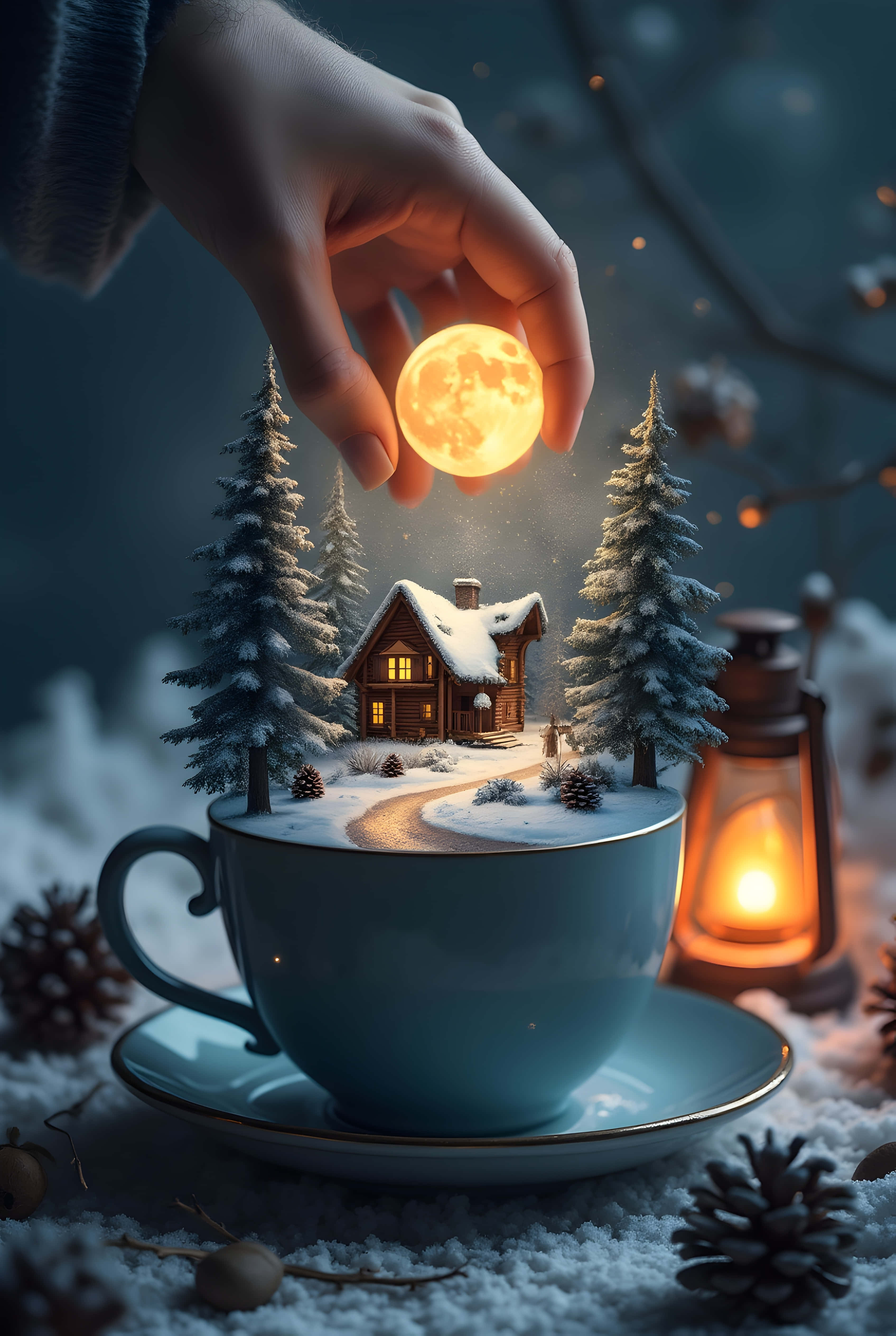 glowing moon, miniature snowy cabin, blue teacup, 4K Phone Wallpaper