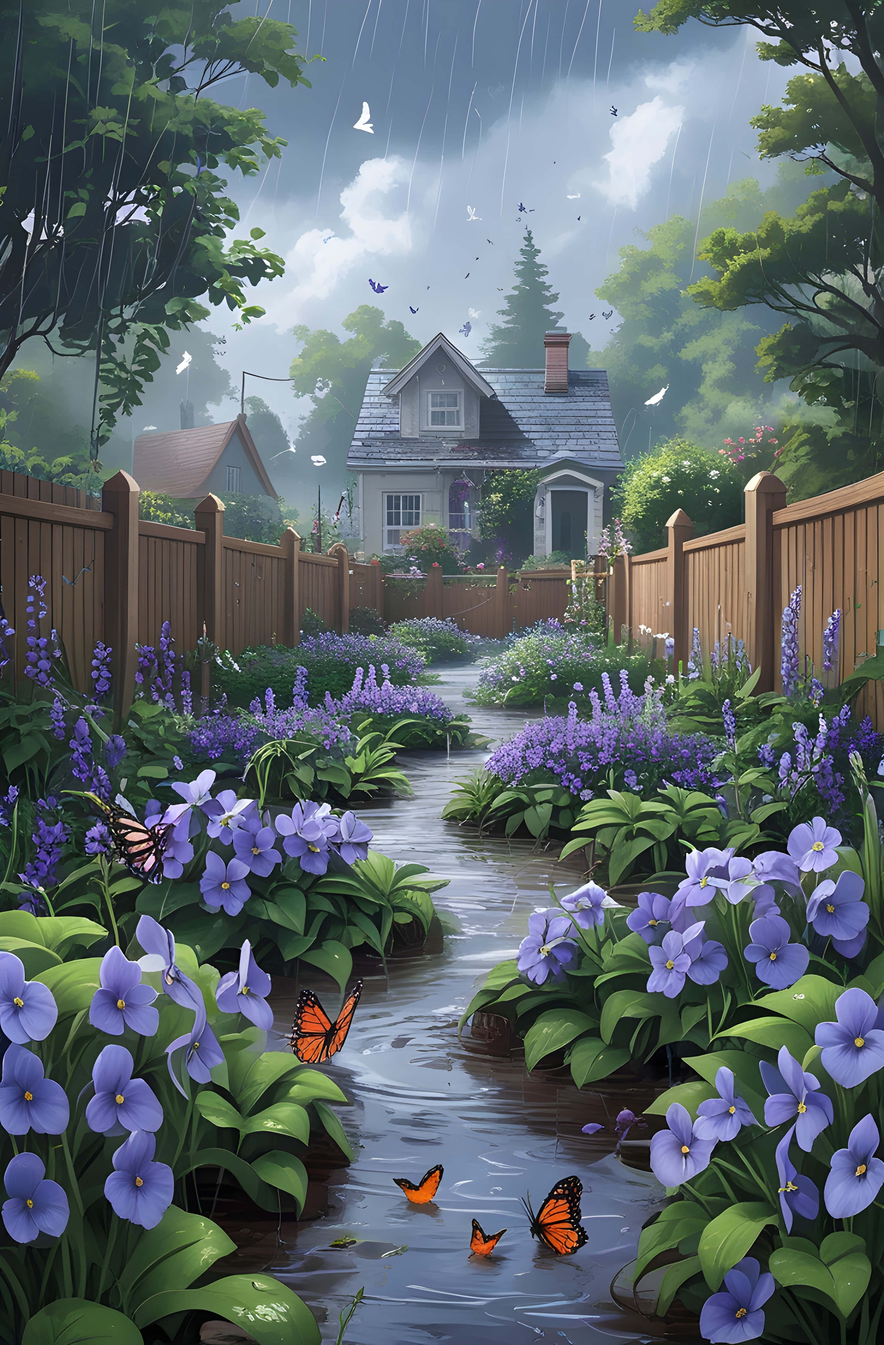 butterfly cottage sanctuary, purple flowers, orange butterflies, 4K Phone Wallpaper