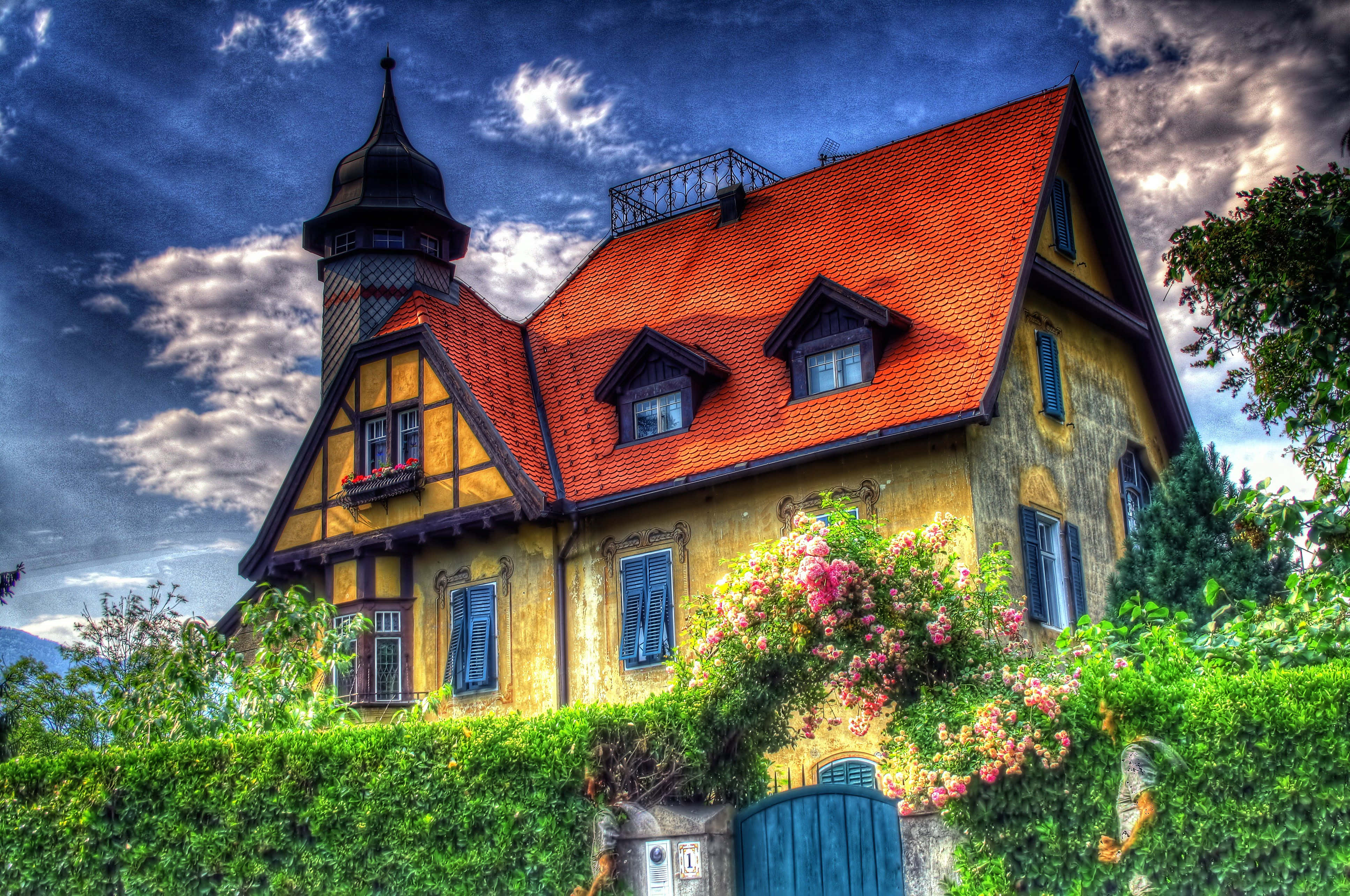 storybook cottage, vibrant yellow half-timbered house, red roof, 4K Desktop Wallpaper
