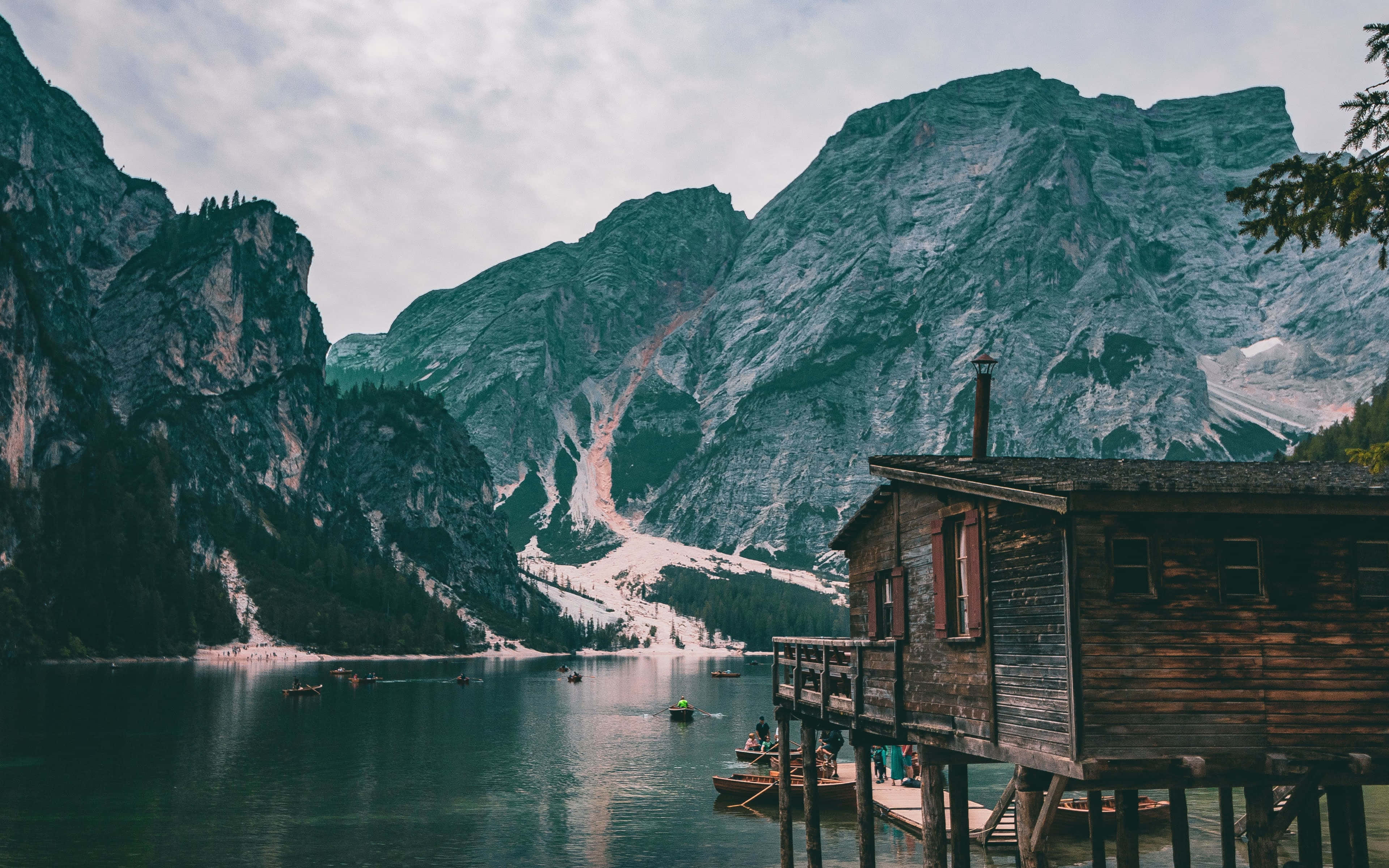 mountain lake cottage, weathered wooden cabin, stilts, 4K Desktop Wallpaper