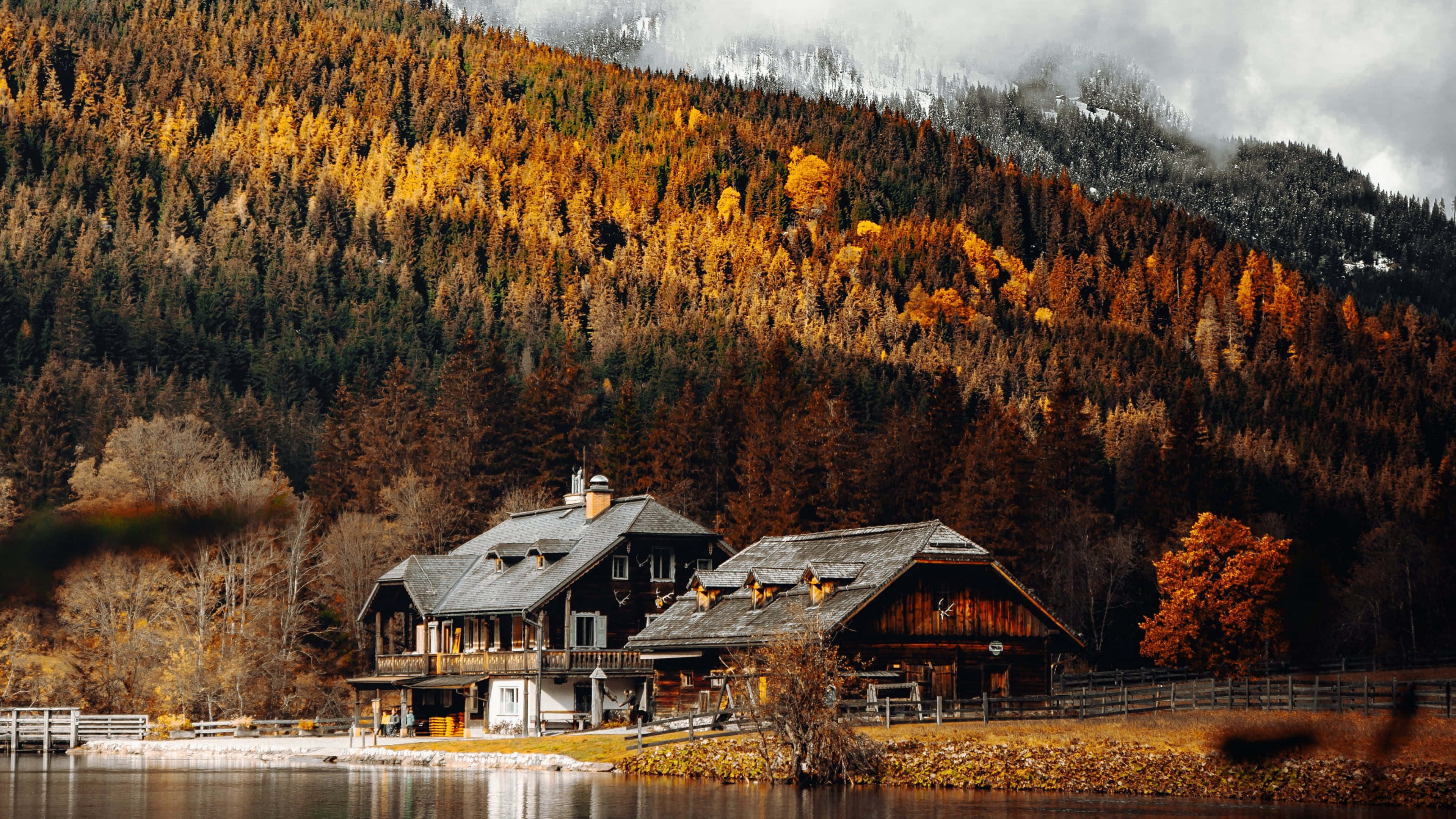 autumnal lakeside cottage, rustic wooden chalet, calm lake, 4K Desktop Wallpaper