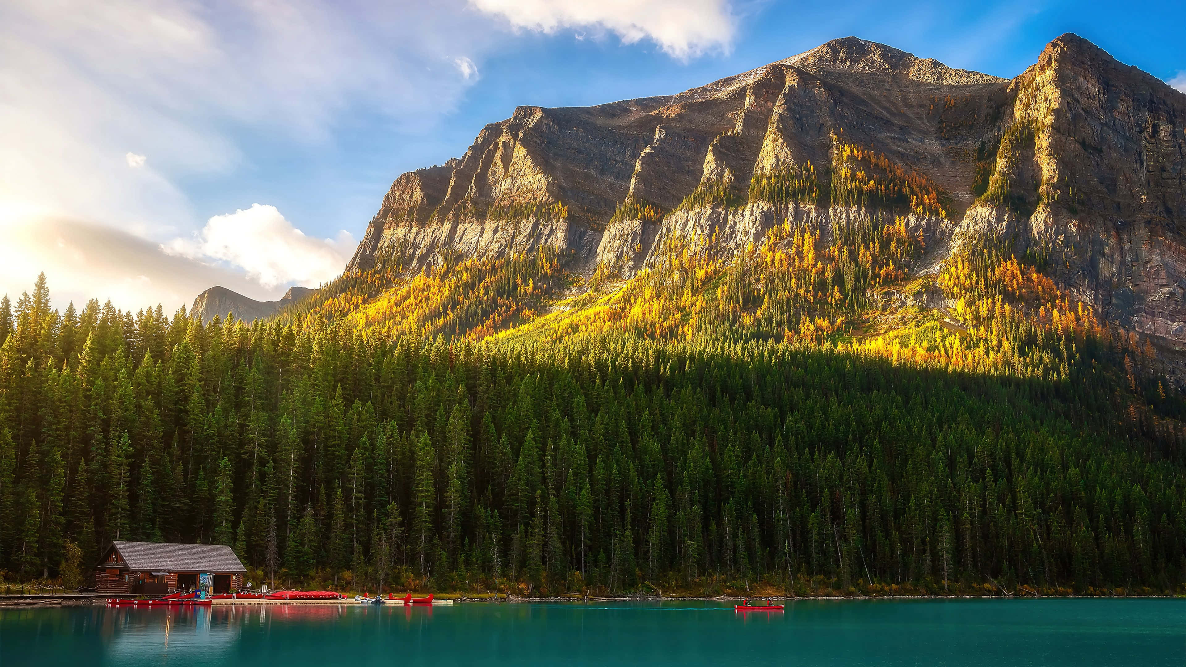 mountain lake cottage, timber cabin, autumn trees, 4K Desktop Wallpaper