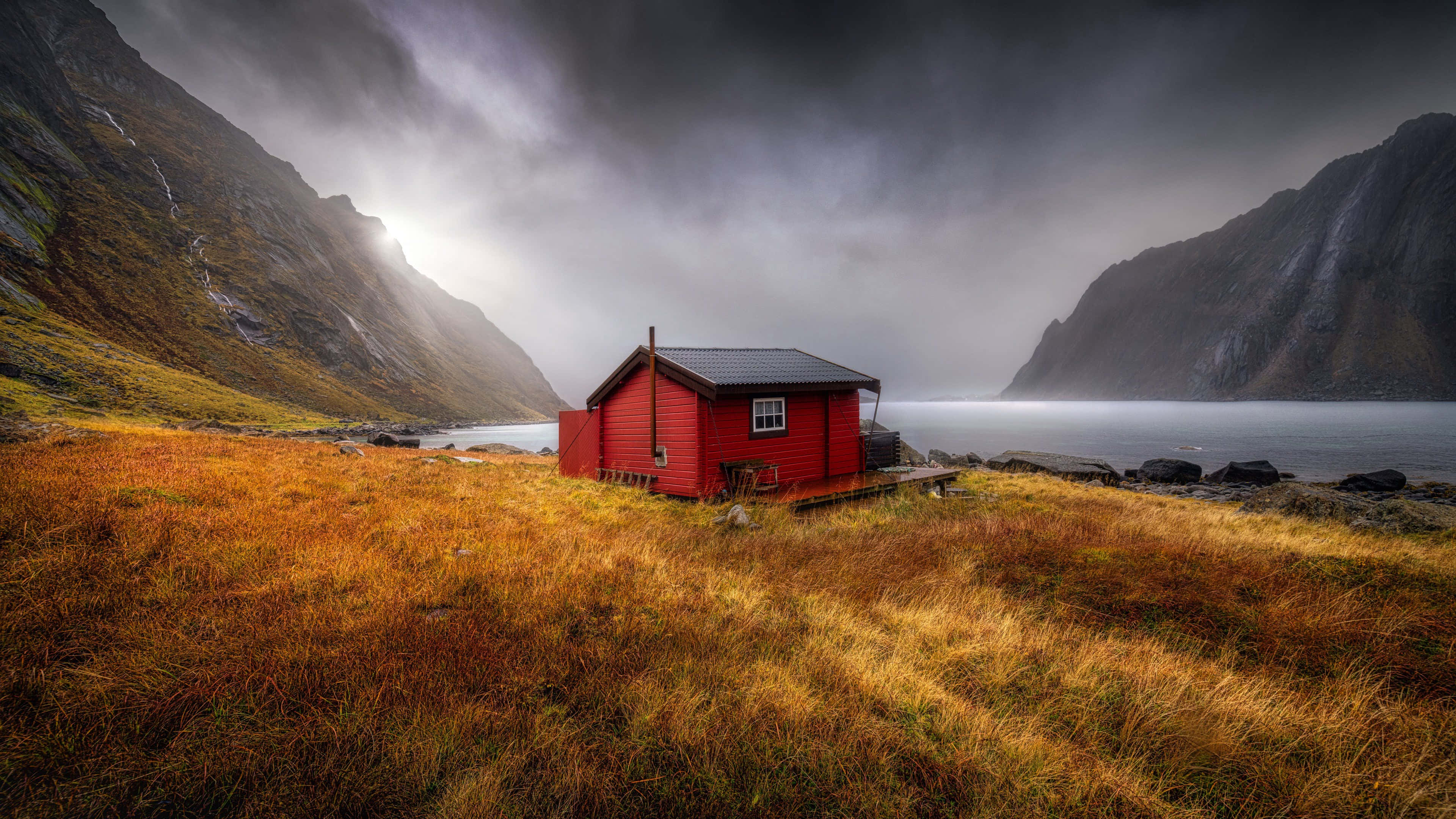 red cottage, mountain lake, misty fjord, 4K Desktop Wallpaper