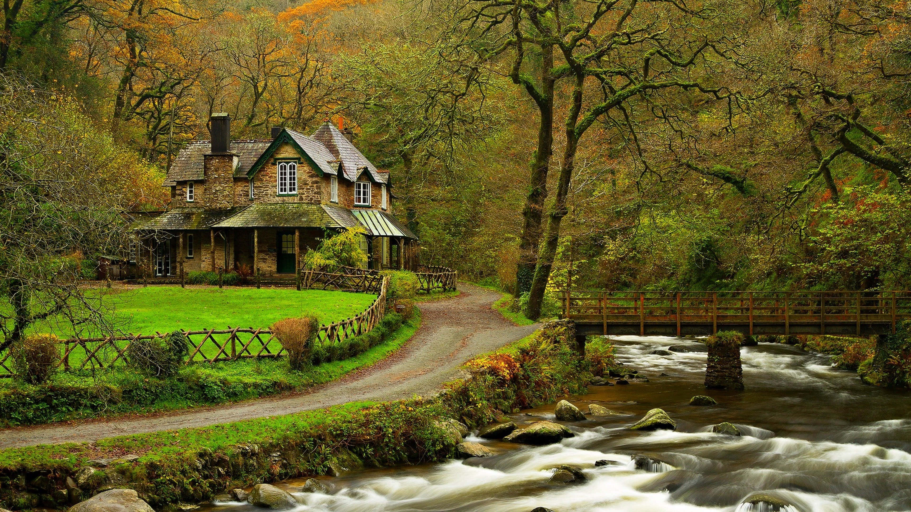 rustic stone cottage, autumn woods, rushing river, 4K Desktop Wallpaper
