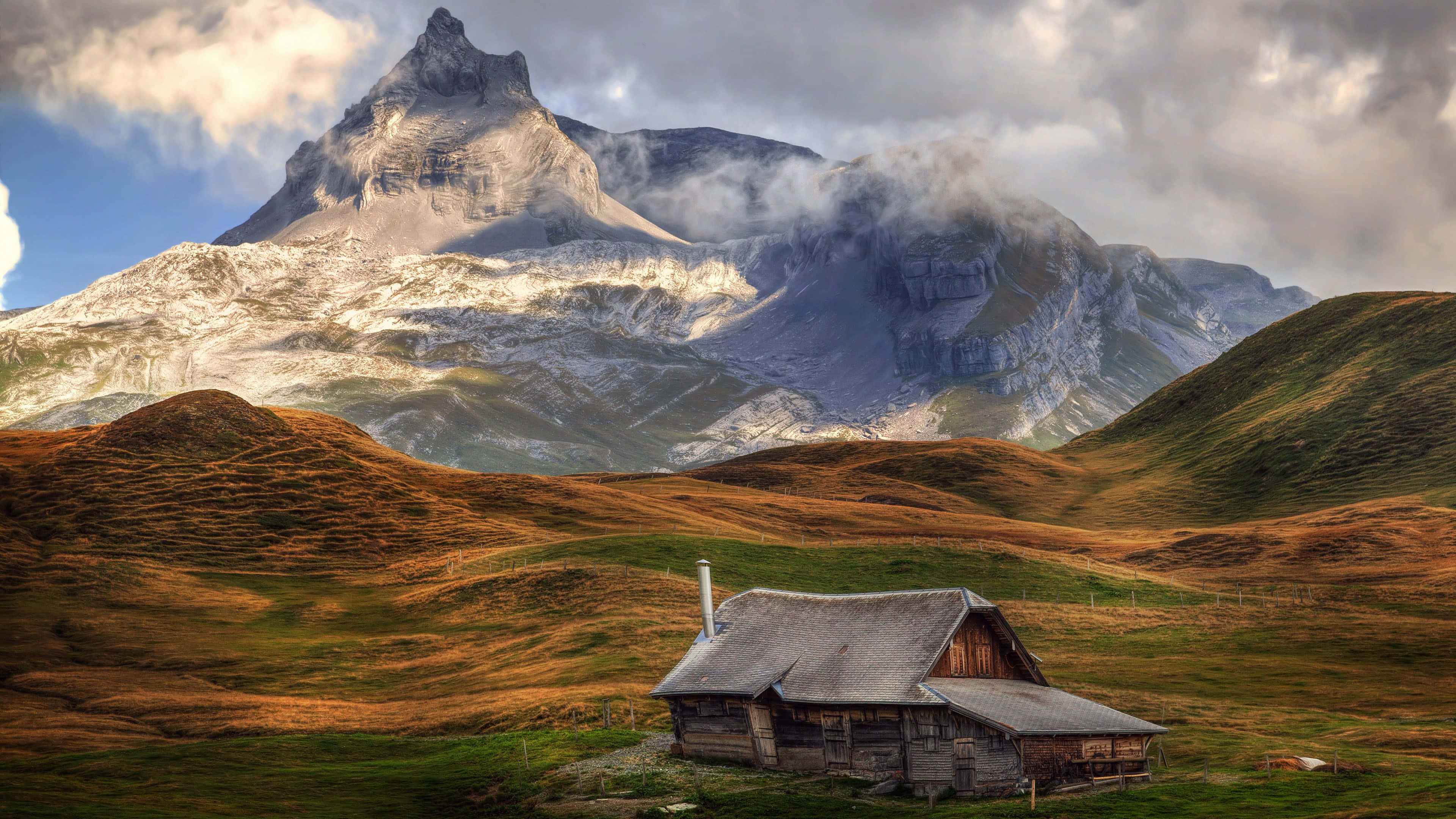mountain cottage, rustic wooden cabin, golden hills, 4K Desktop Wallpaper