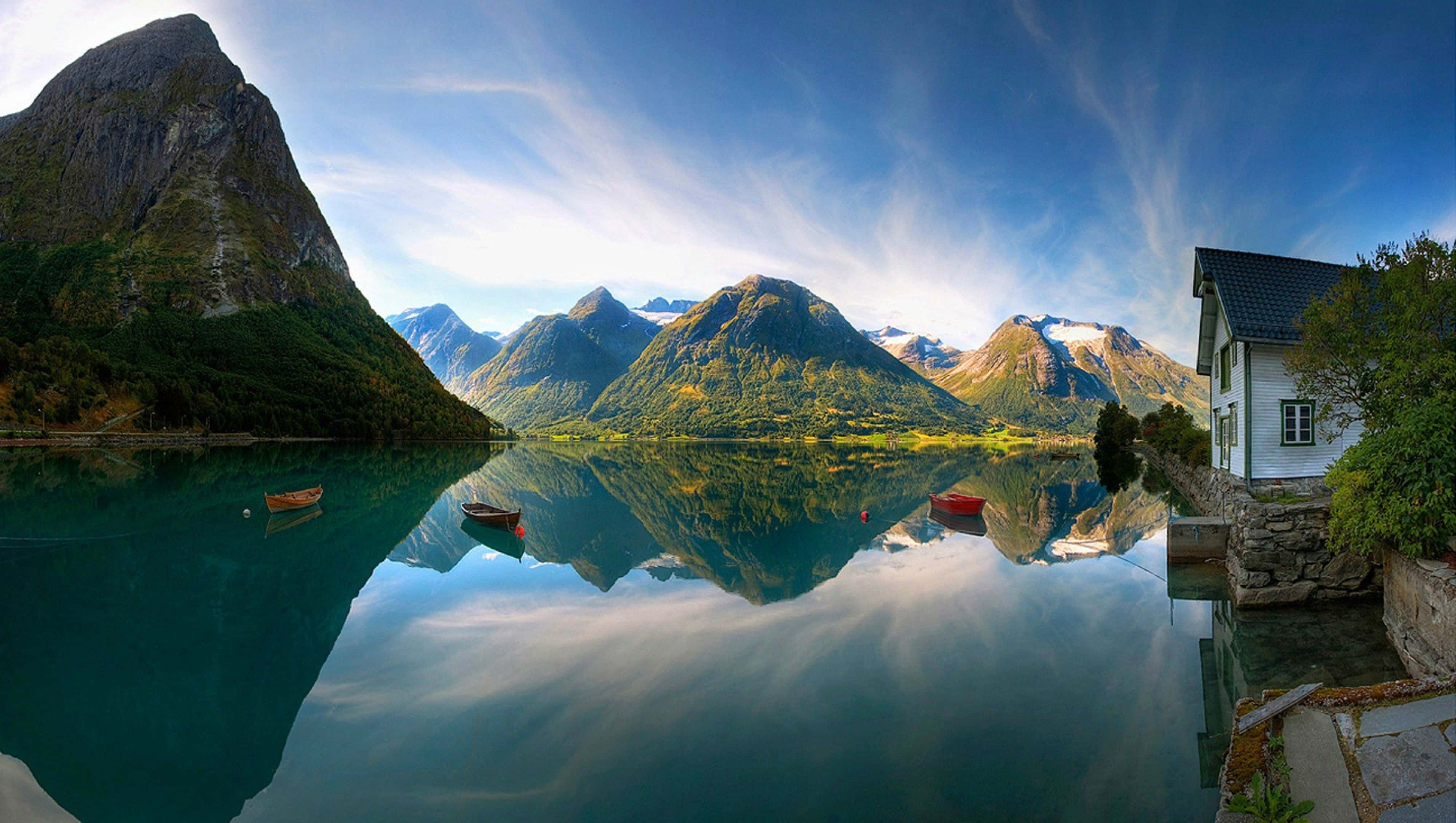 Mountain Lake Cottage, fjord, towering green mountains, 2K Desktop Wallpaper