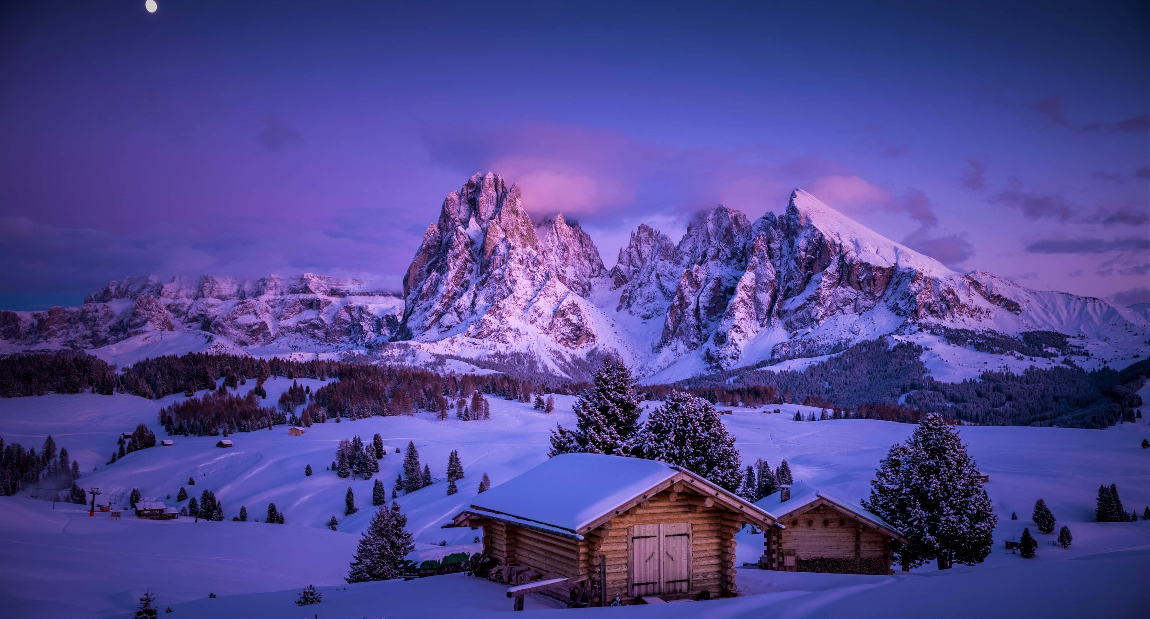 Twilight Mountain Cottage View, snow-covered wooden cabin, winter valley, 4K Desktop Wallpaper