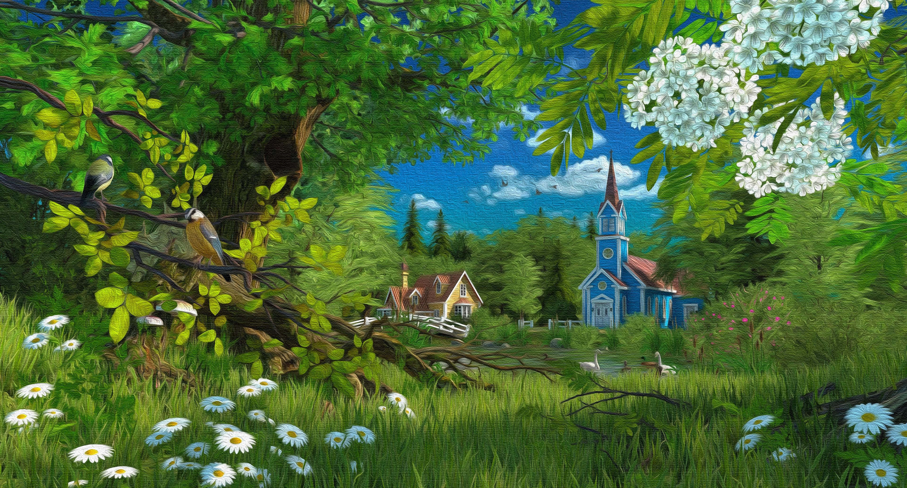 blue church, lush green woods, white flowers, 4K Desktop Wallpaper