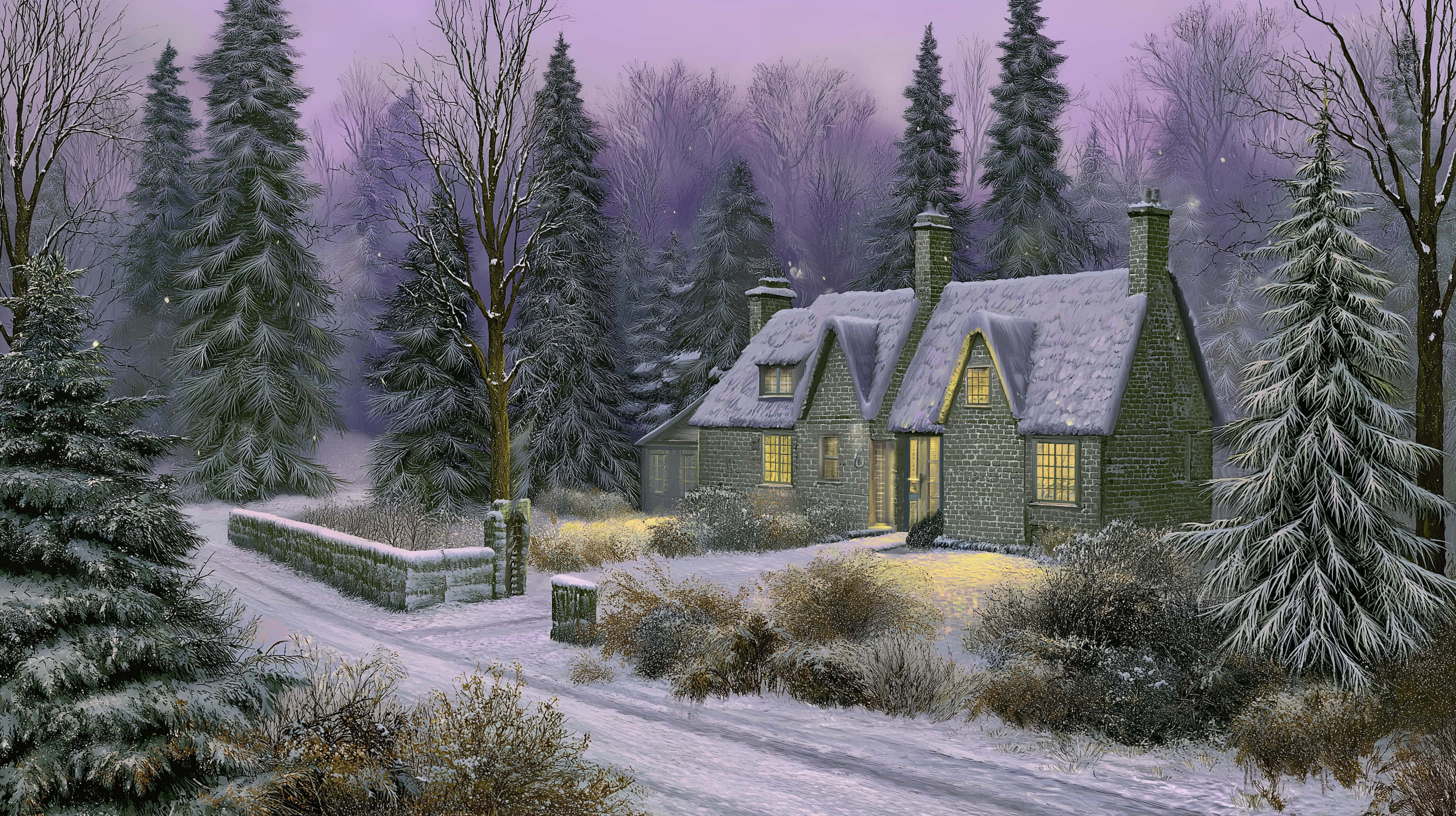 cozy stone cottage, snowy forest, winter evening, 2K Desktop Wallpaper