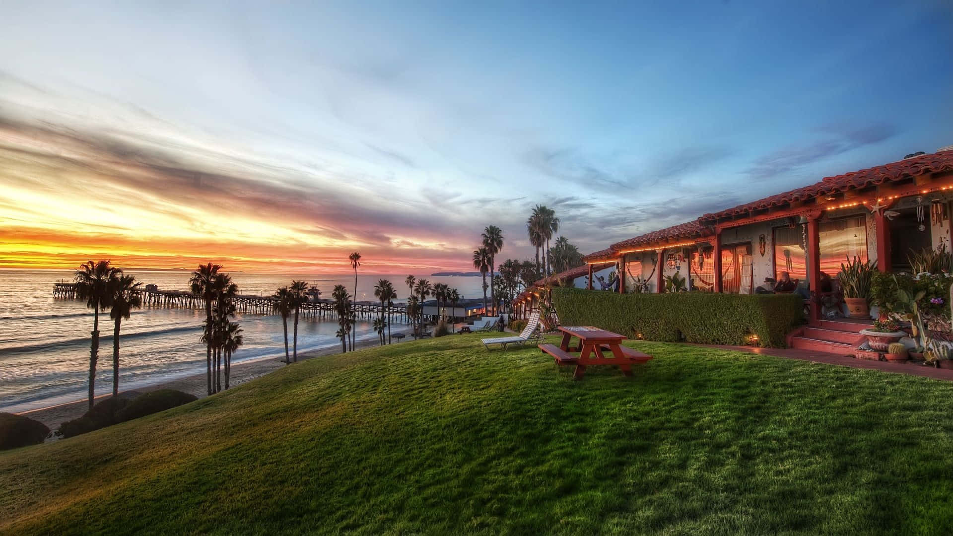 coastal cottage, sunset, ocean, Full HD Desktop Wallpaper