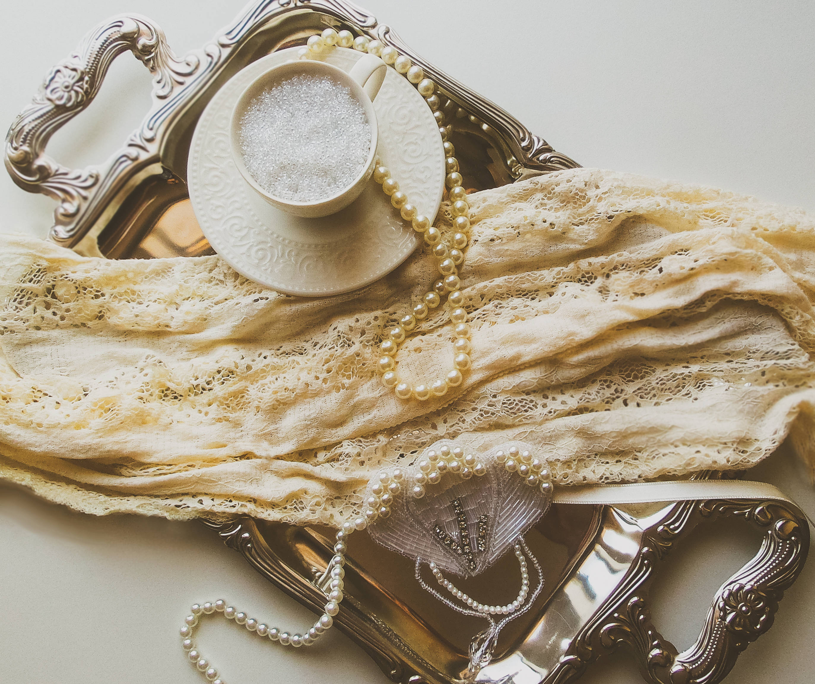 vintage cottagecore aesthetic, ornate silver tray, cup of frothy beverage, 2K Desktop Wallpaper