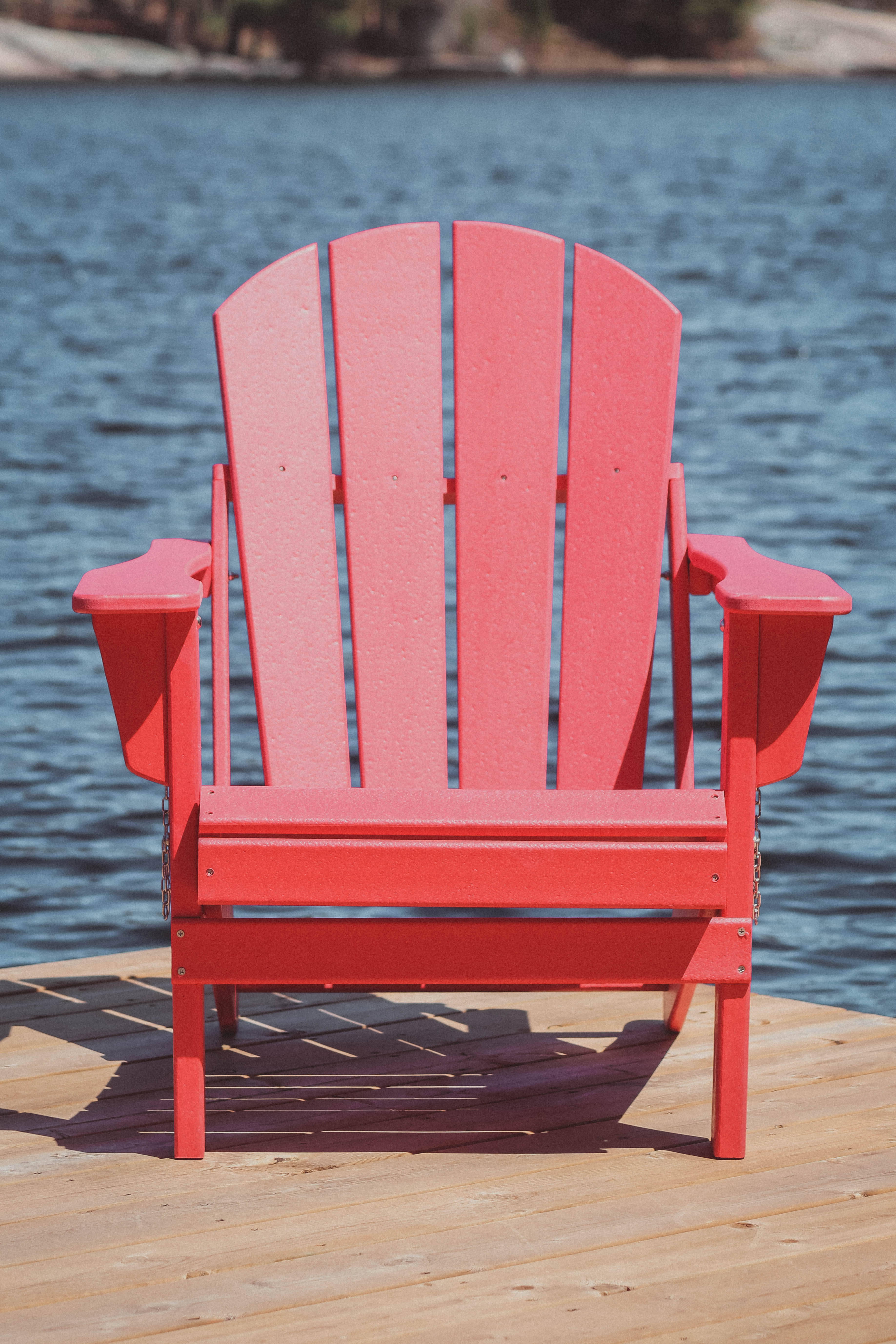 Adirondack chair, vibrant red, wooden dock, 5K Phone Wallpaper