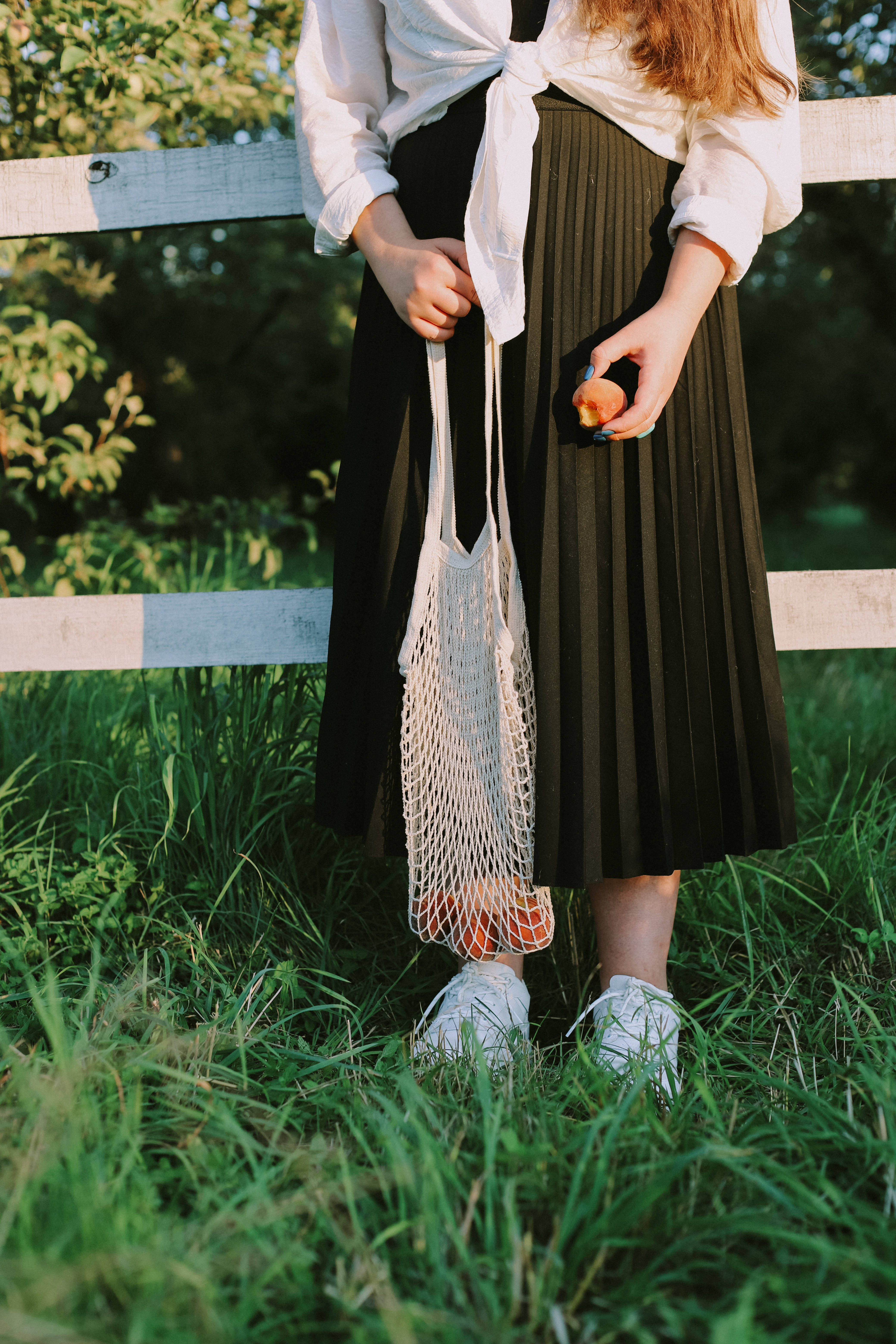 white shirt, black pleated skirt, tall grass, 5K Phone Wallpaper