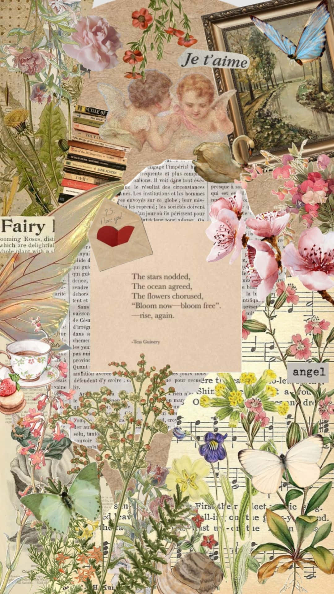 Cottagecore Collage Aesthetic, roses, butterflies, Full HD Phone Wallpaper