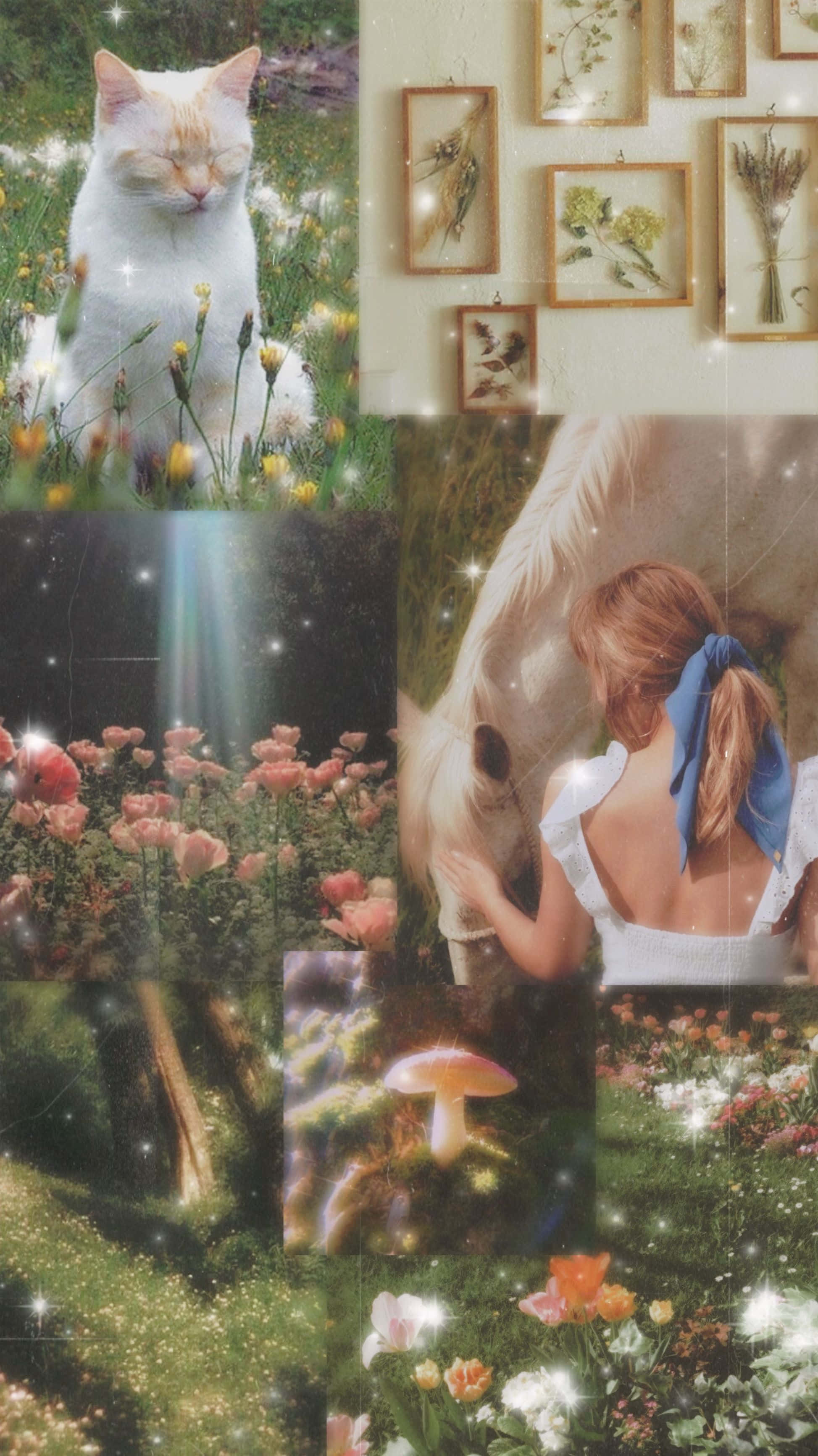 Cottagecore Collage Aesthetic, cat in flowers, girl with a horse, 2K Phone Wallpaper