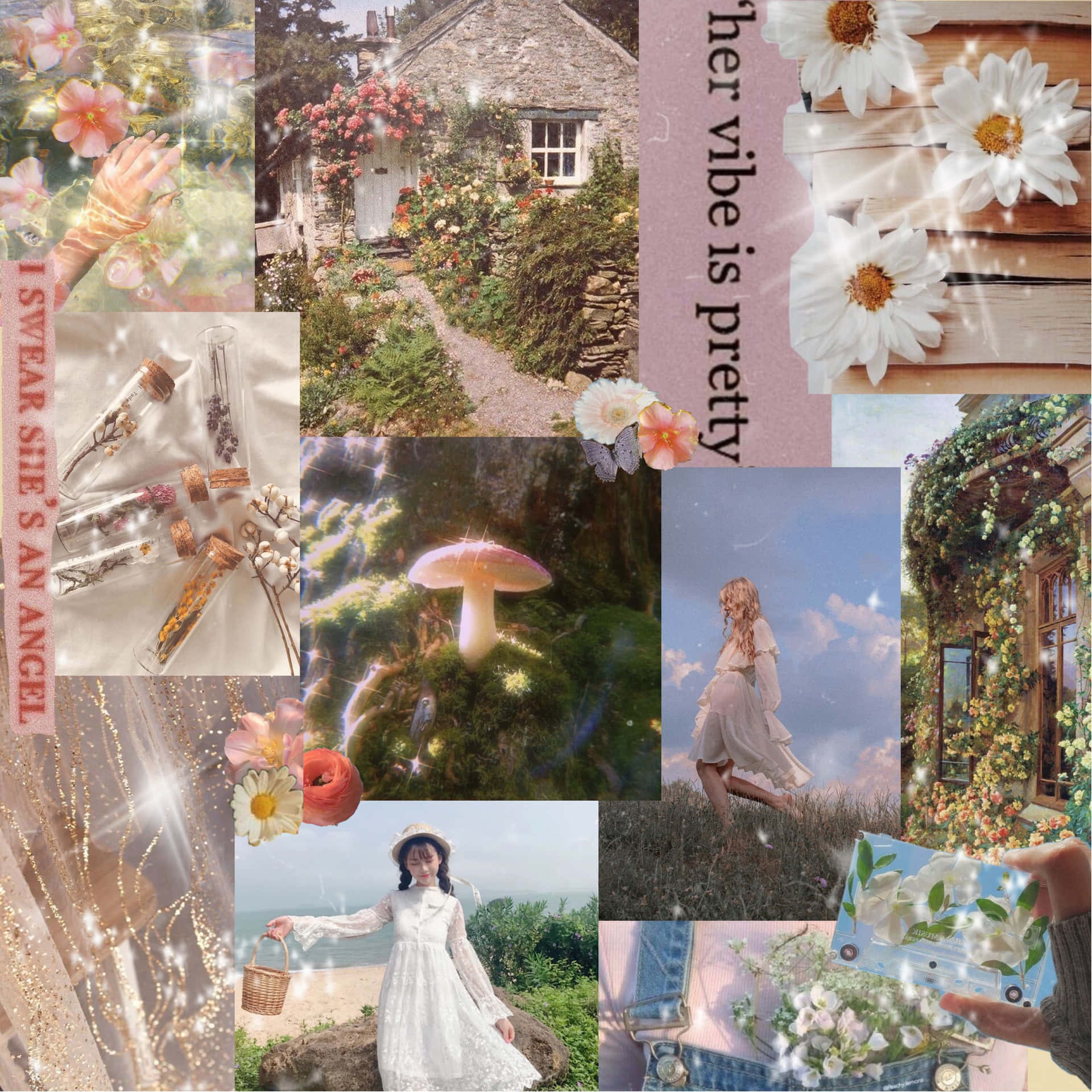 Cottage Core Collage, moodboard wallpaper, pastel flowers, Full HD Desktop Wallpaper