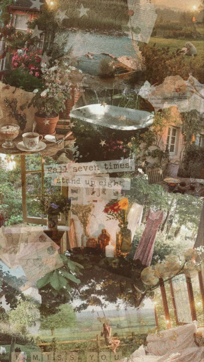Cottage Core Collage Aesthetic, vintage garden scenes, bathtubs, SD Phone Wallpaper