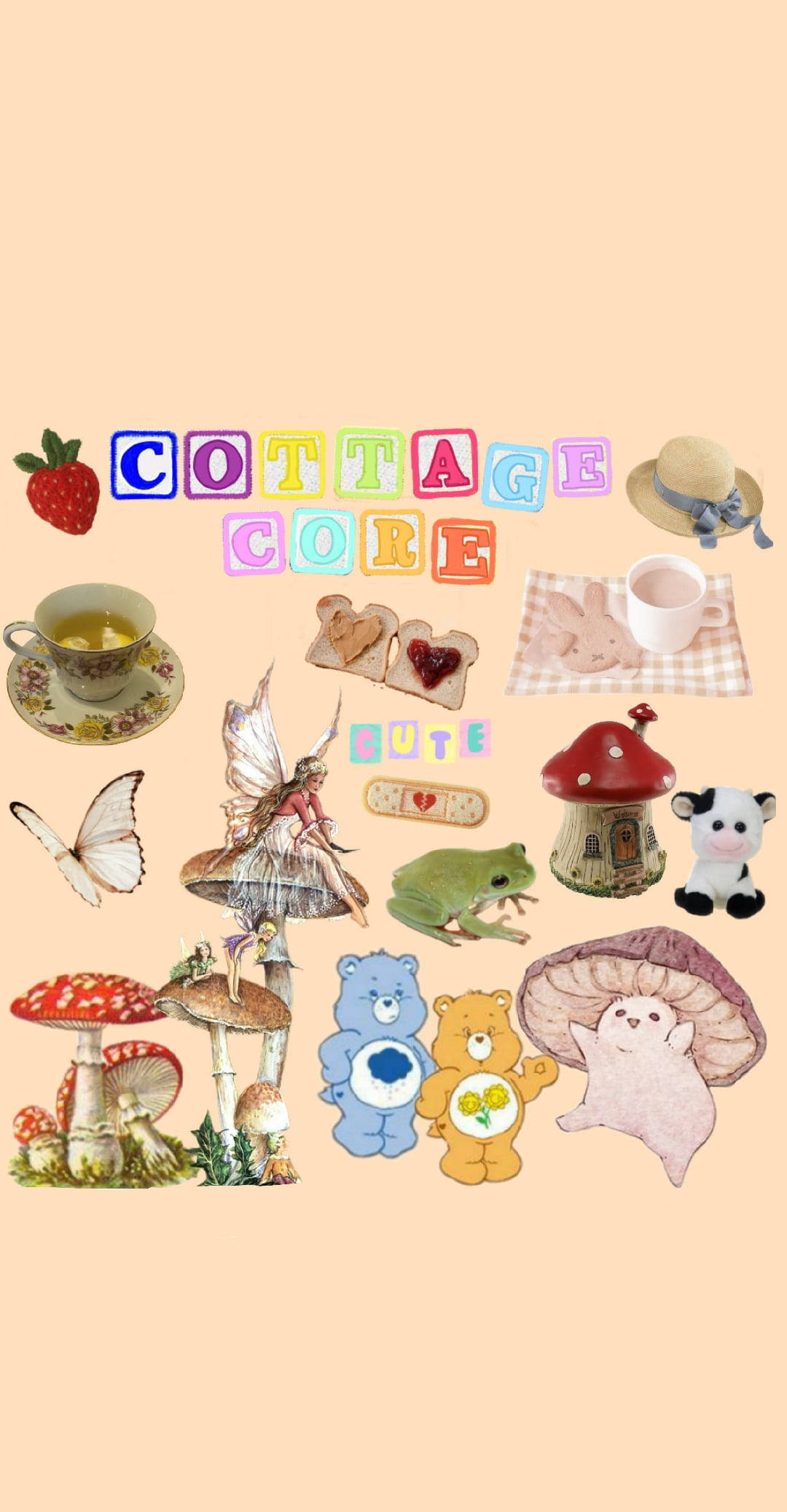 cottagecore aesthetic, pastel-toned collage, mushrooms, Full HD Phone Wallpaper