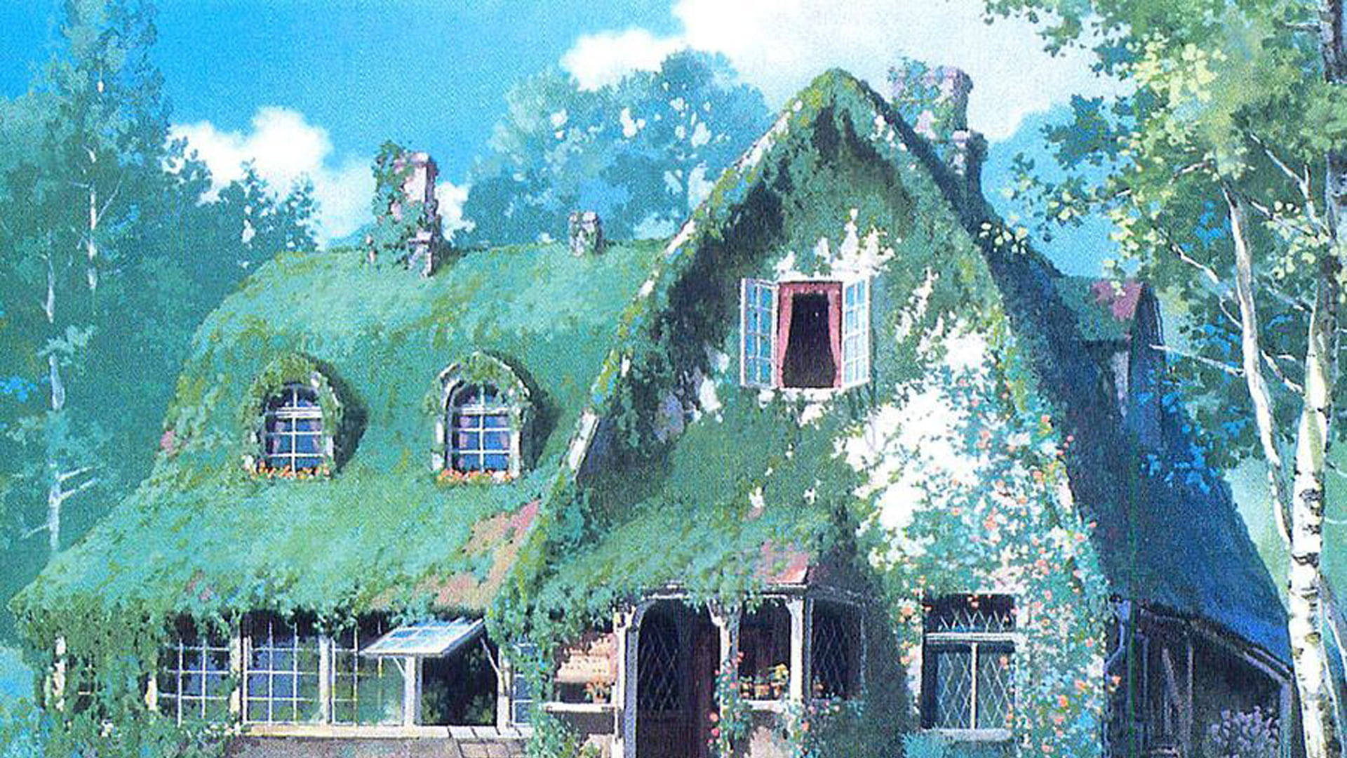 cottage, mossy green roof, ivy-covered walls, Full HD Desktop Wallpaper