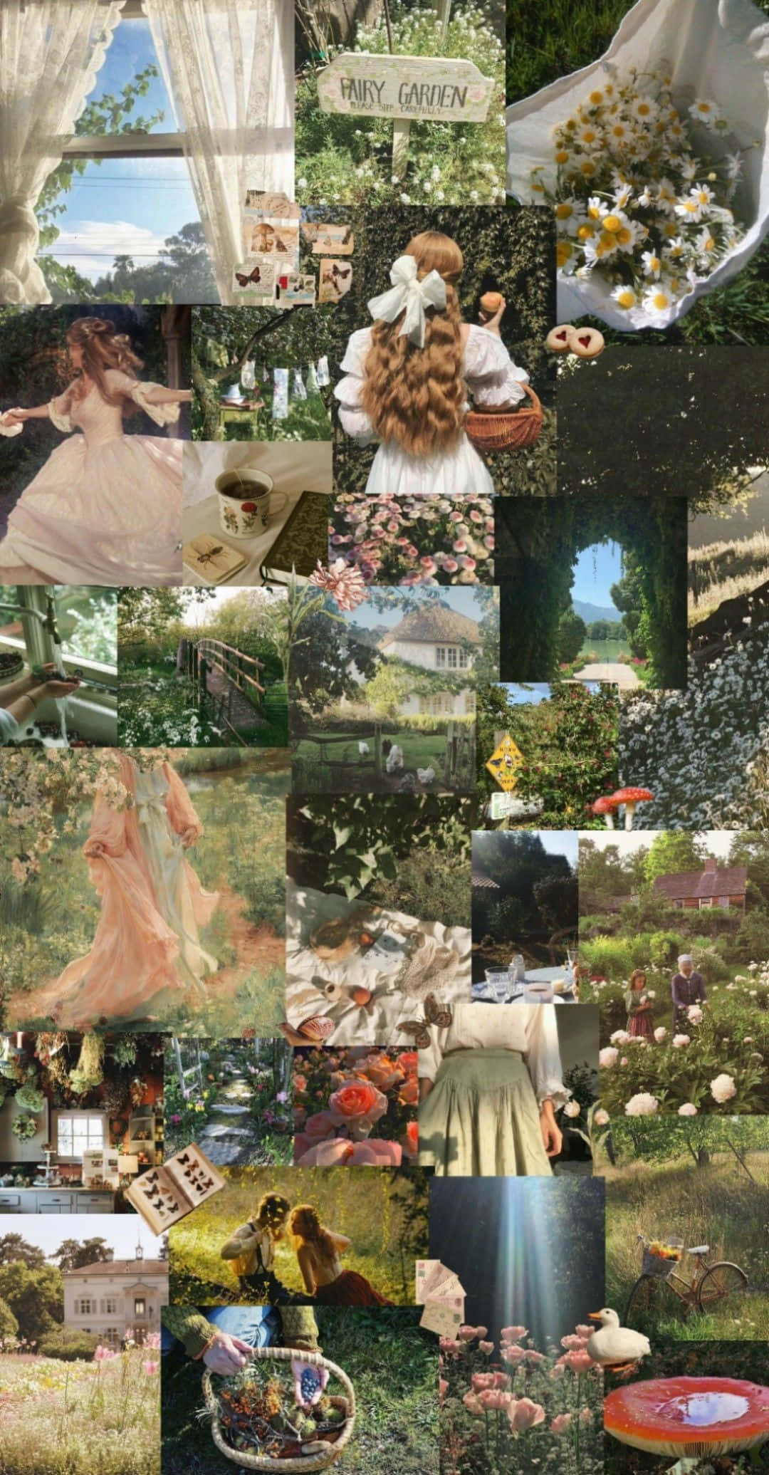 cottagecore aesthetic collage, vintage garden scenes, girls in dresses, Full HD Phone Wallpaper
