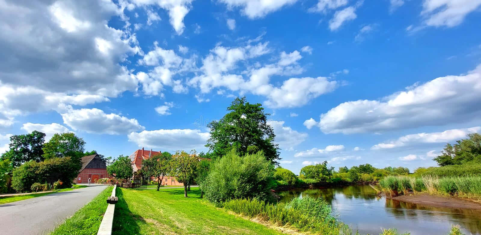 farmhouse desktop, early morning sun, winding river, HD Desktop Wallpaper