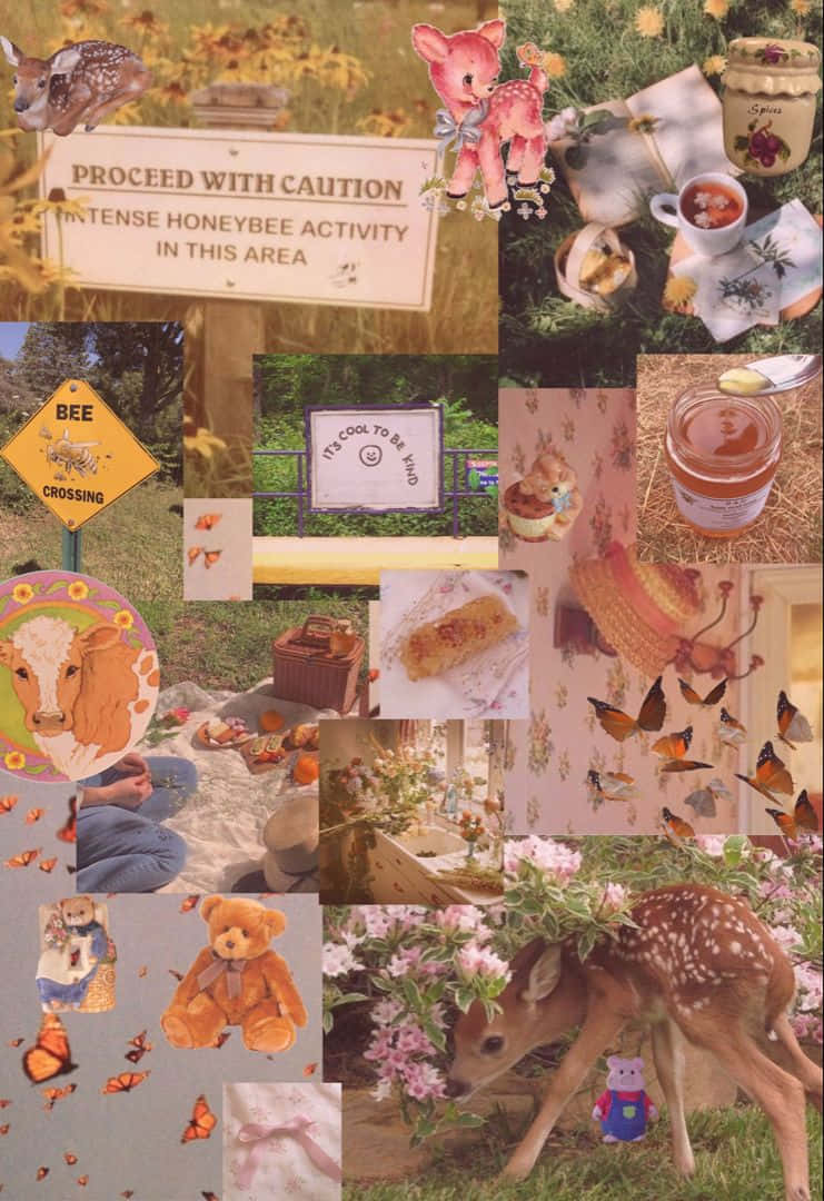 cottagecore aesthetic collage, honeybee themed elements, deer cutouts, SD Phone Wallpaper