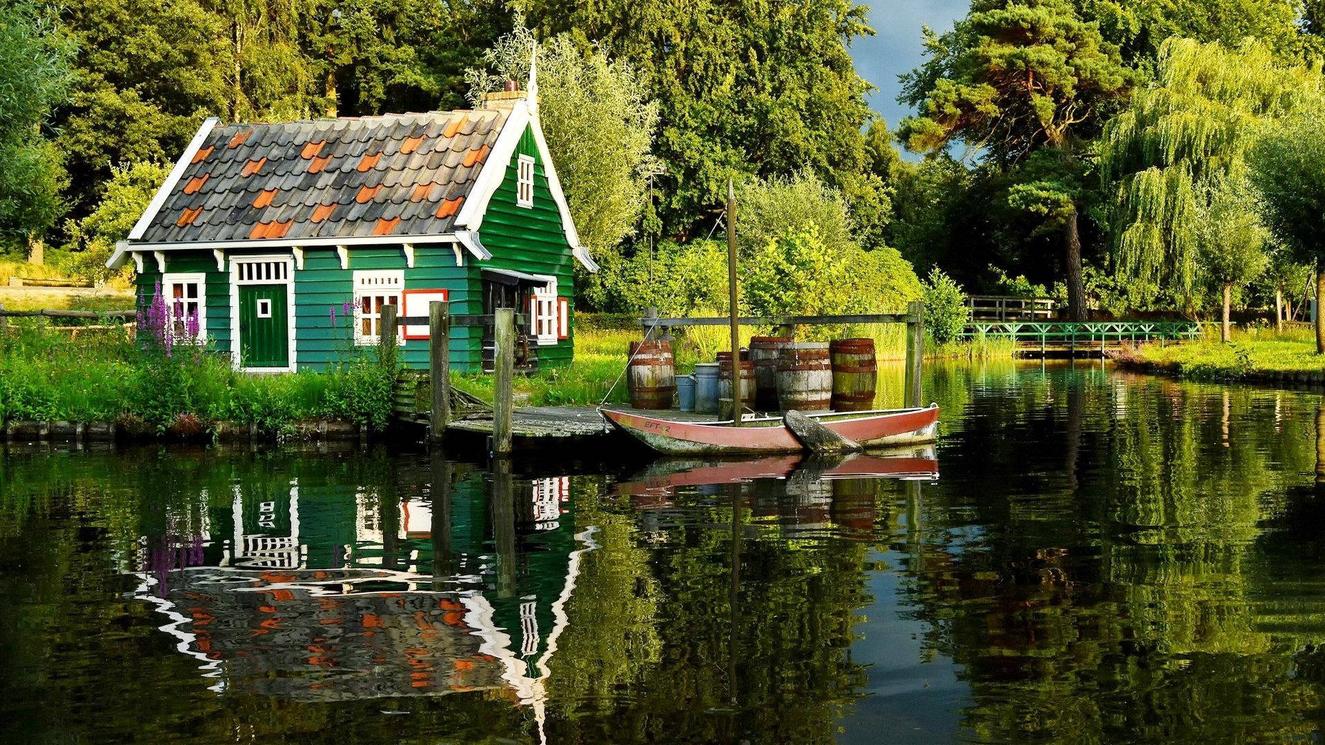 vibrant green wooden house, tiled roof, calm canal, Full HD Desktop Wallpaper