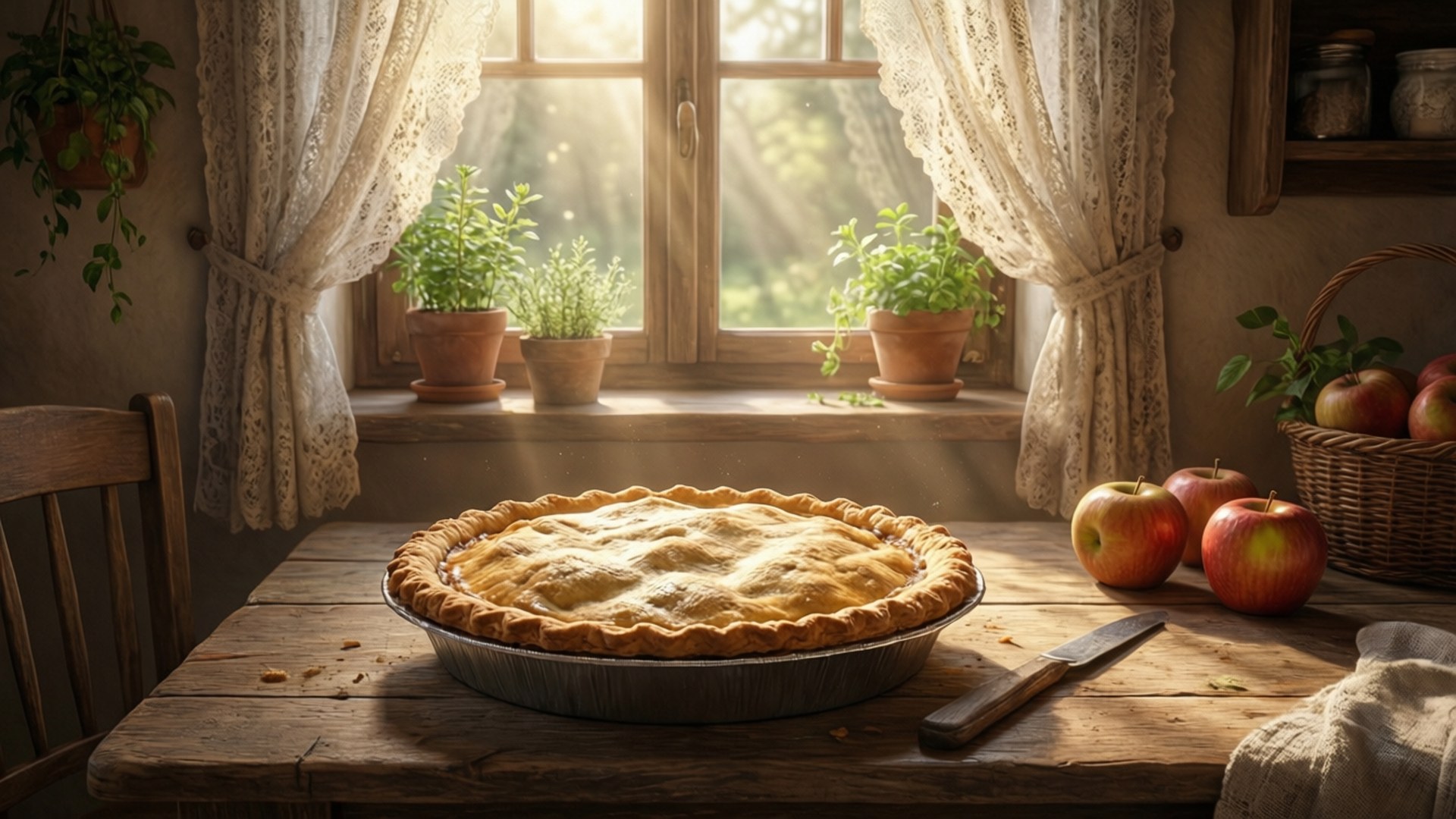 golden apple pie, rustic wooden table, warm sunlight, Full HD Desktop Wallpaper
