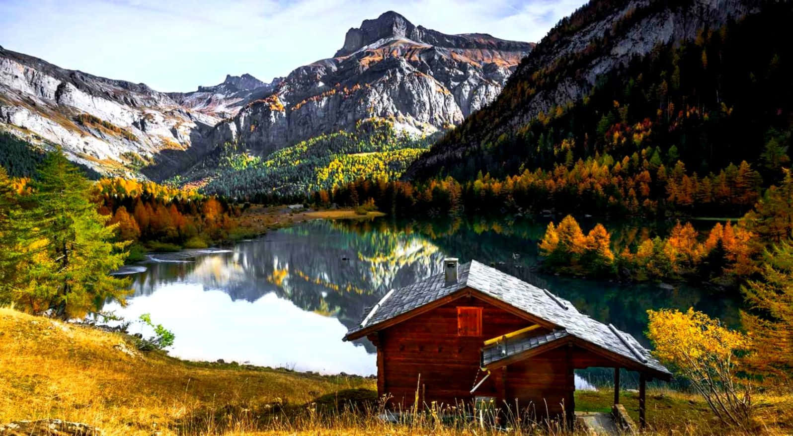 November Fall Cottage, rustic wooden cabin, calm lake, HD Desktop Wallpaper