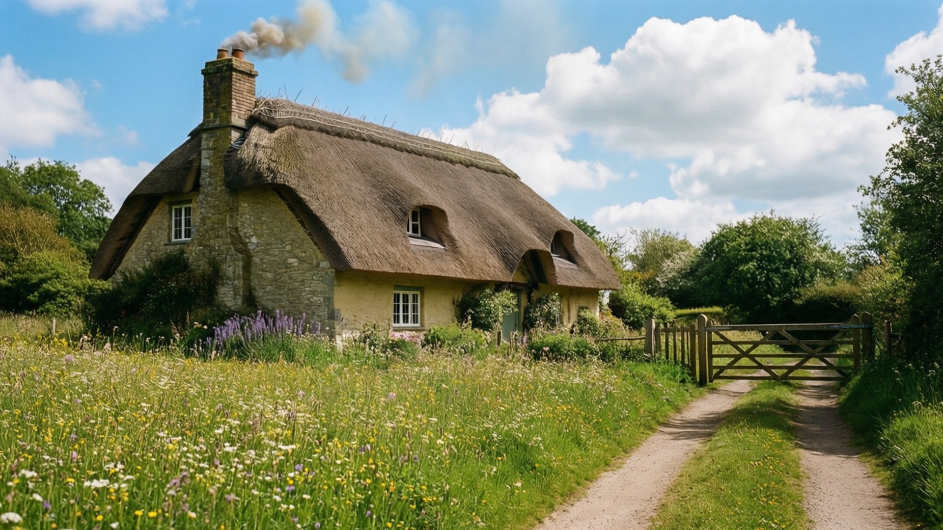 thatched cottage, wildflower meadow, rustic stone cottage, Full HD Desktop Wallpaper