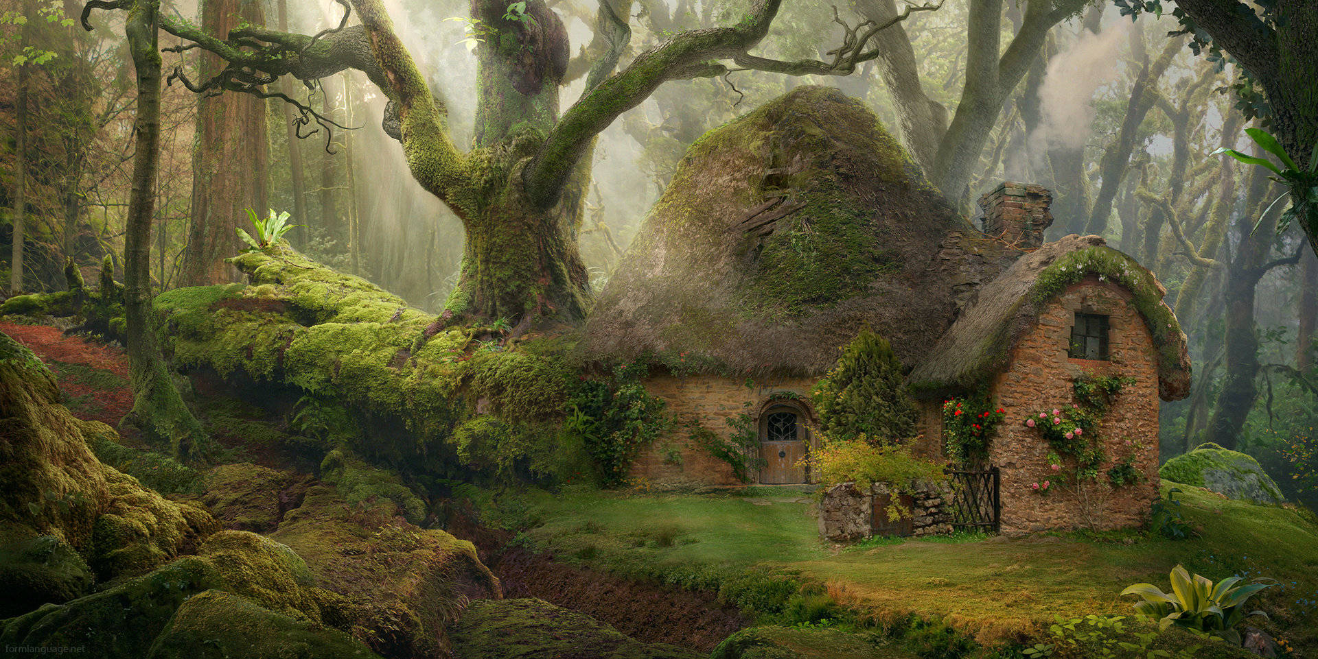 moss-covered stone cottage, misty enchanted forest, ancient gnarled trees, Full HD Desktop Wallpaper