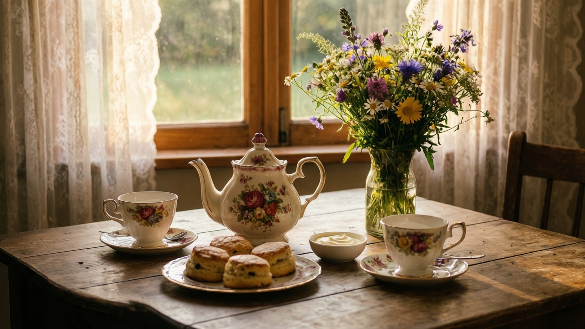 afternoon tea setting, sunlight, lace curtains, Full HD Desktop Wallpaper
