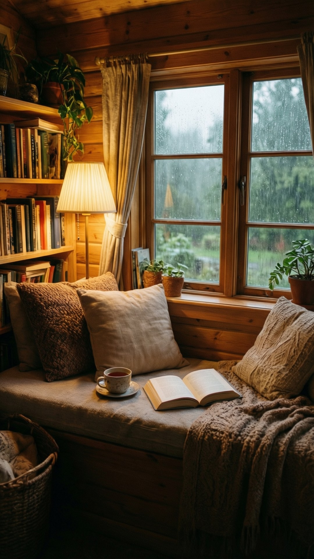 rainy reading nook, wooden cabin nook, rain-streaked window, Full HD Phone Wallpaper