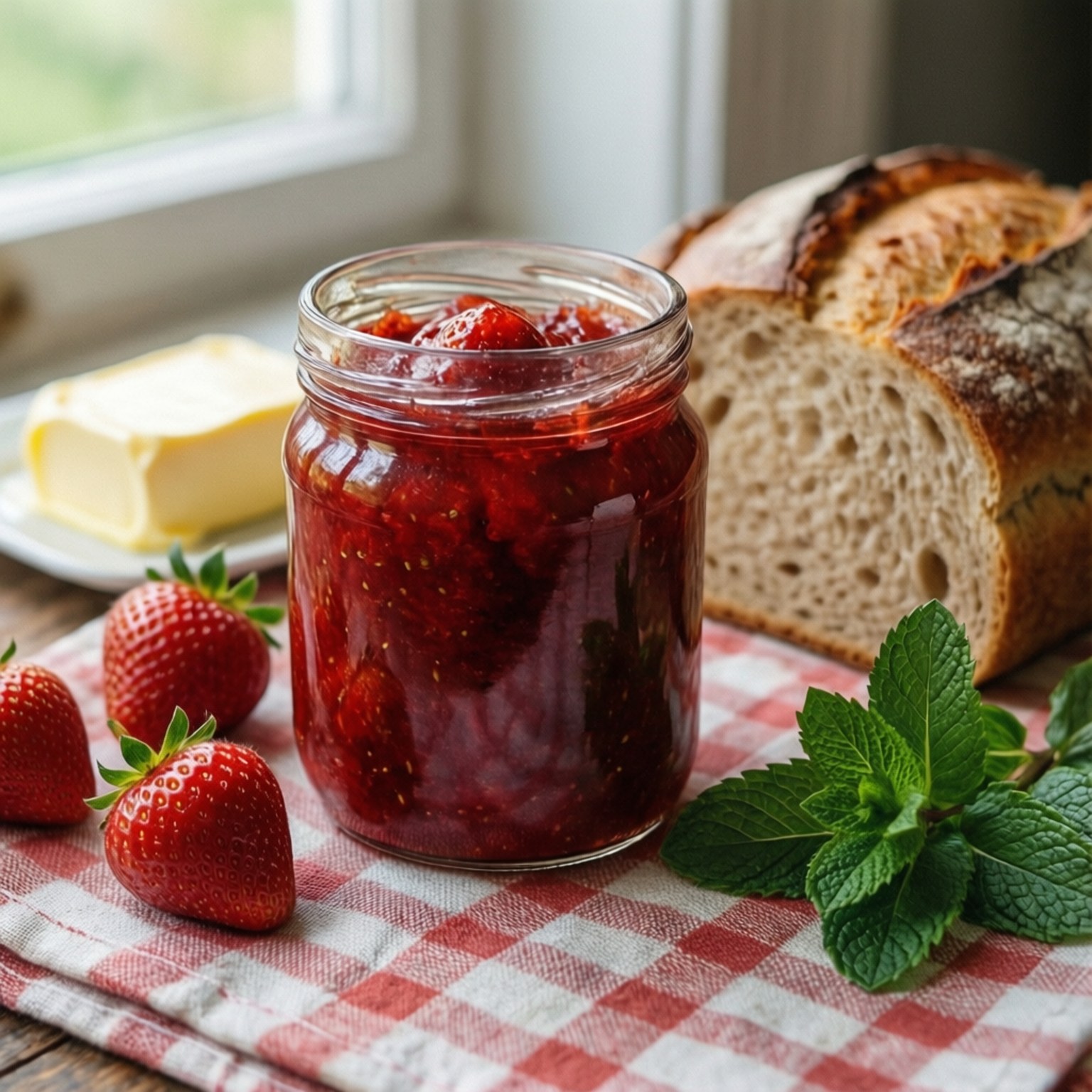 strawberry jam, red and white checkered cloth, fresh strawberries, HD Desktop Wallpaper