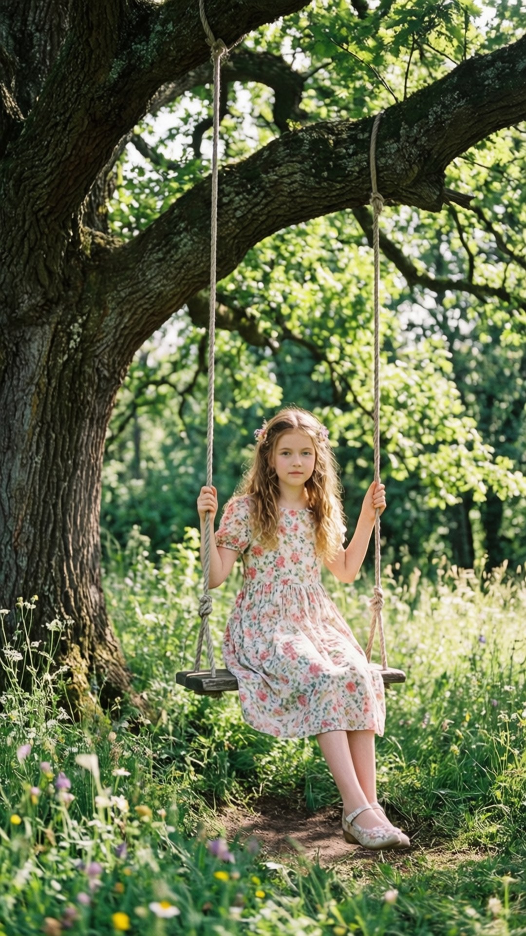 rope swing, massive tree, sunlit meadow, Full HD Phone Wallpaper