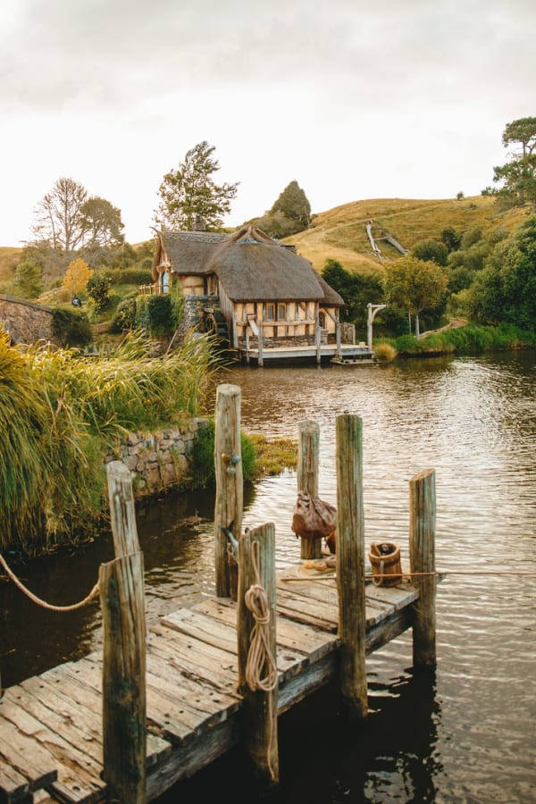 cottagecore, rustic wooden dock, thatched-roof hobbit house, SD Phone Wallpaper