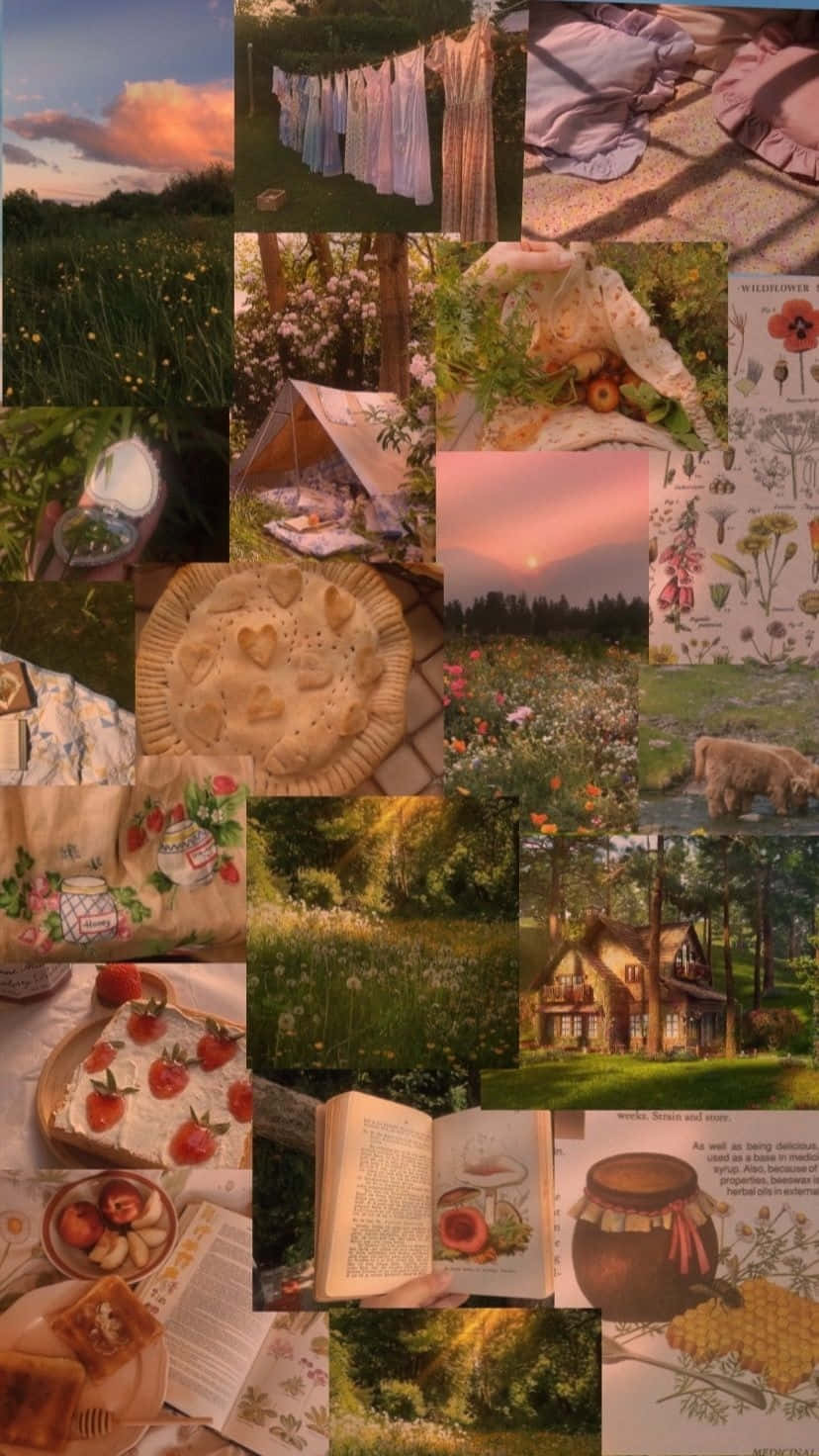 cottagecore aesthetic collage, golden hour light, nature scenes, HD Phone Wallpaper