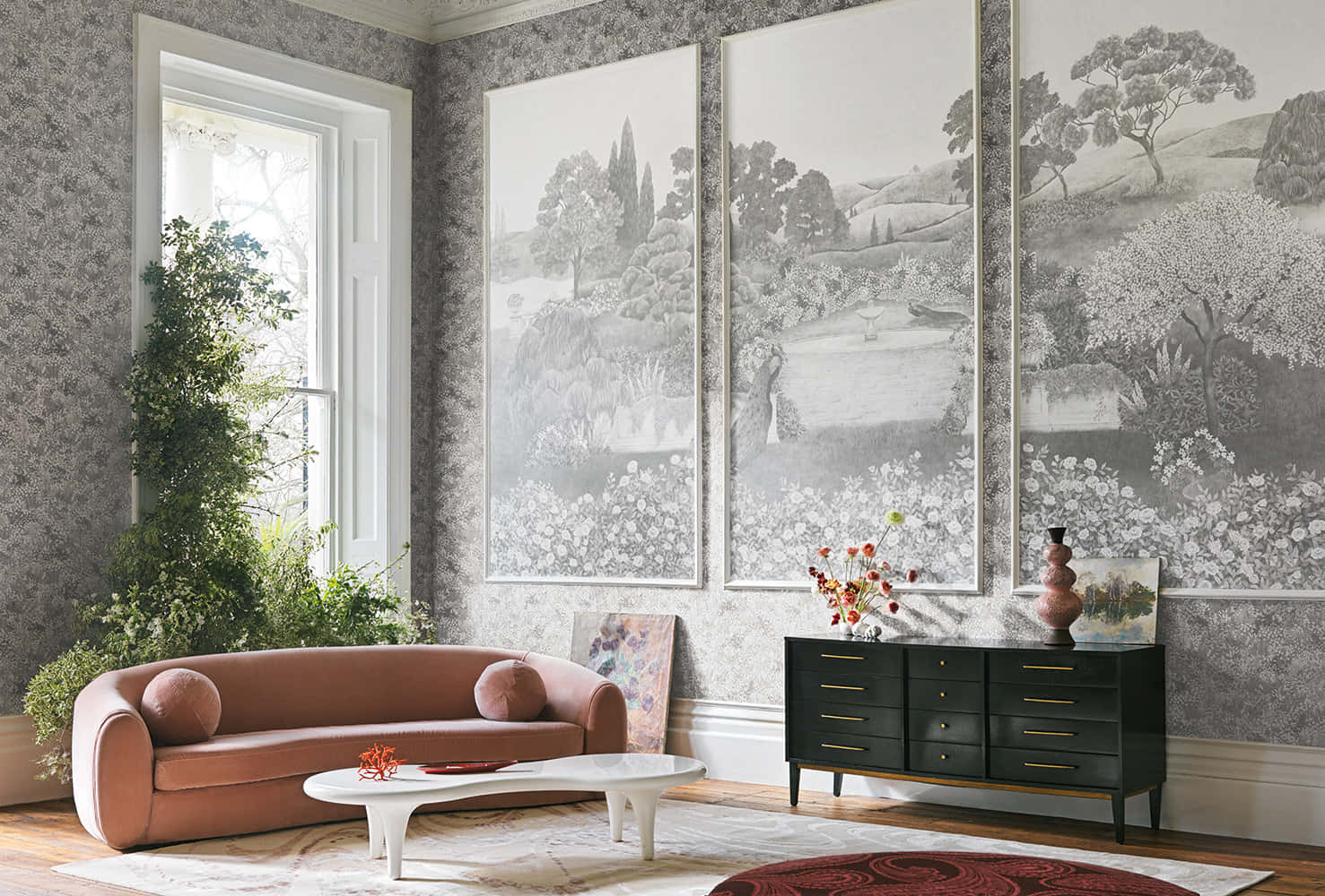 curved terracotta sofa, black dresser, large framed botanical prints, HD Desktop Wallpaper