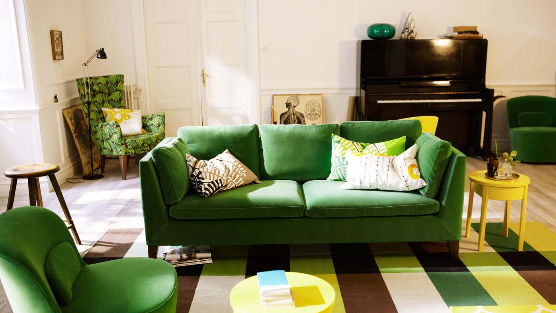 green velvet sofa, sunlit living room, bold yellow furniture, Full HD Desktop Wallpaper