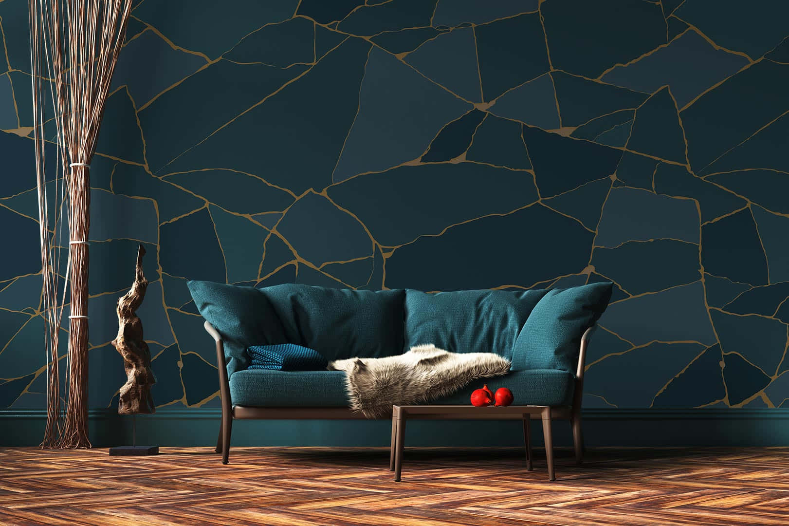 teal sofa, dark blue wall, golden crack patterns, HD Desktop Wallpaper