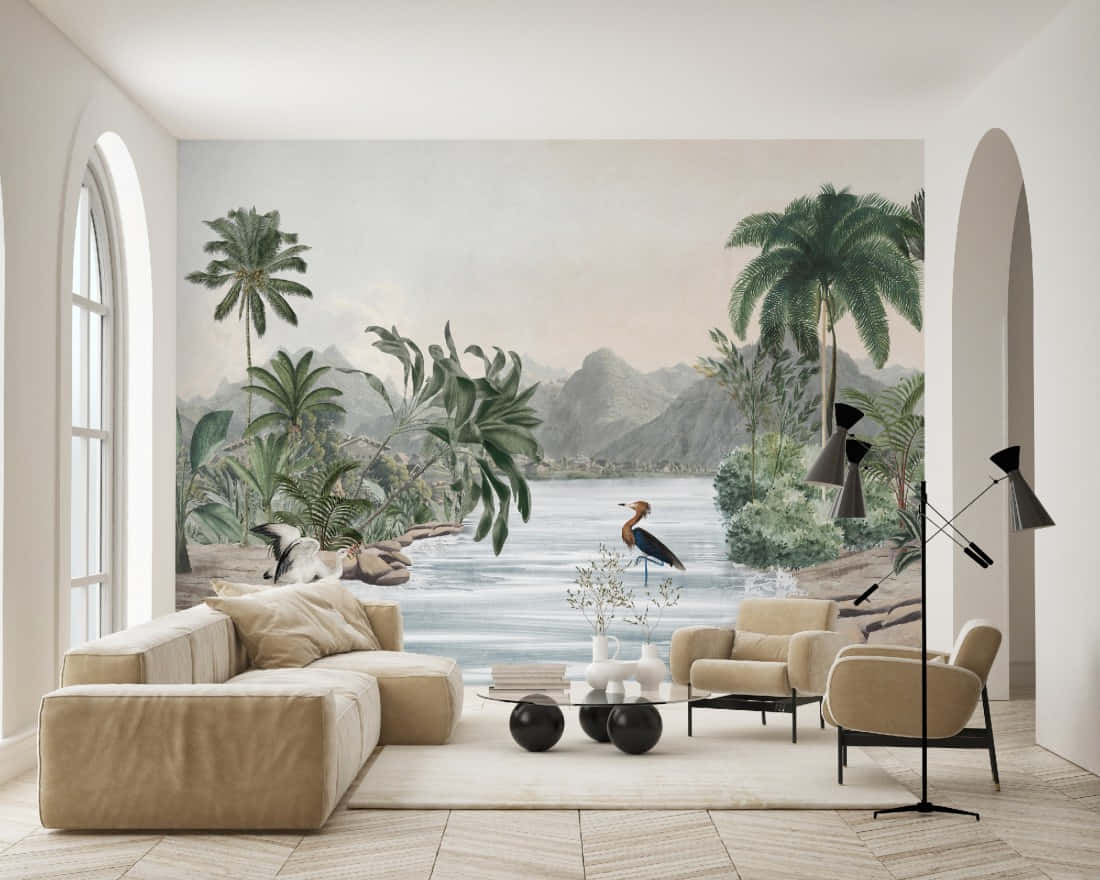 Scandinavian style couch, tropical mural, palm trees, SD Desktop Wallpaper