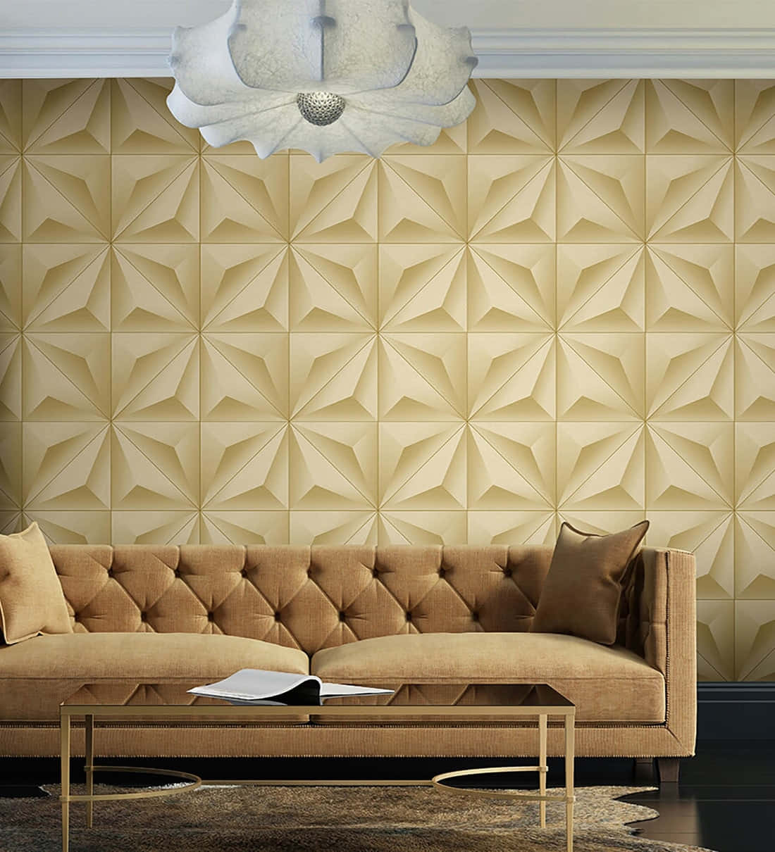 beige tufted sofa, sculptural chandelier, geometric 3D wallpaper, SD Phone Wallpaper