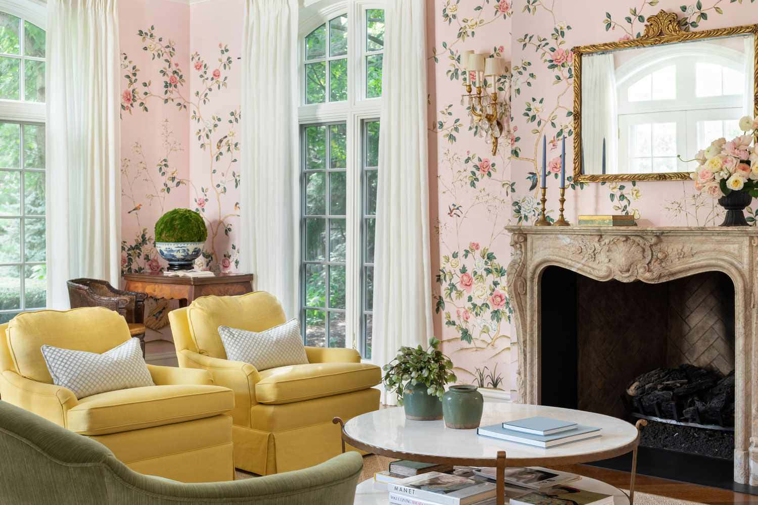 yellow single couch, floral accent wall, pink floral wallpaper, HD Desktop Wallpaper
