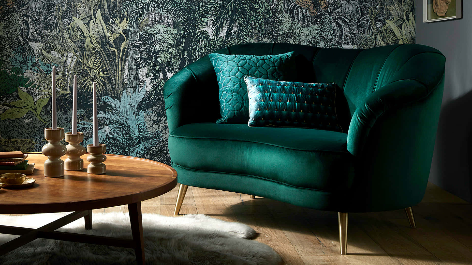 emerald green couch, velvet sofa, tufted pillows, Full HD Desktop Wallpaper