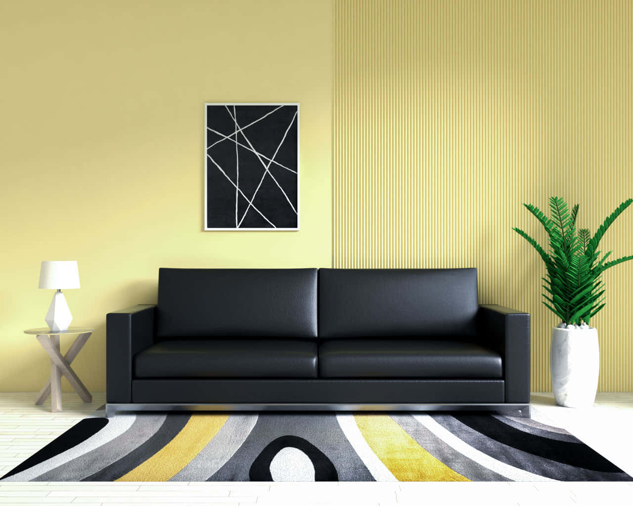 black leather couch, minimalist living room, pale yellow walls, HD Desktop Wallpaper
